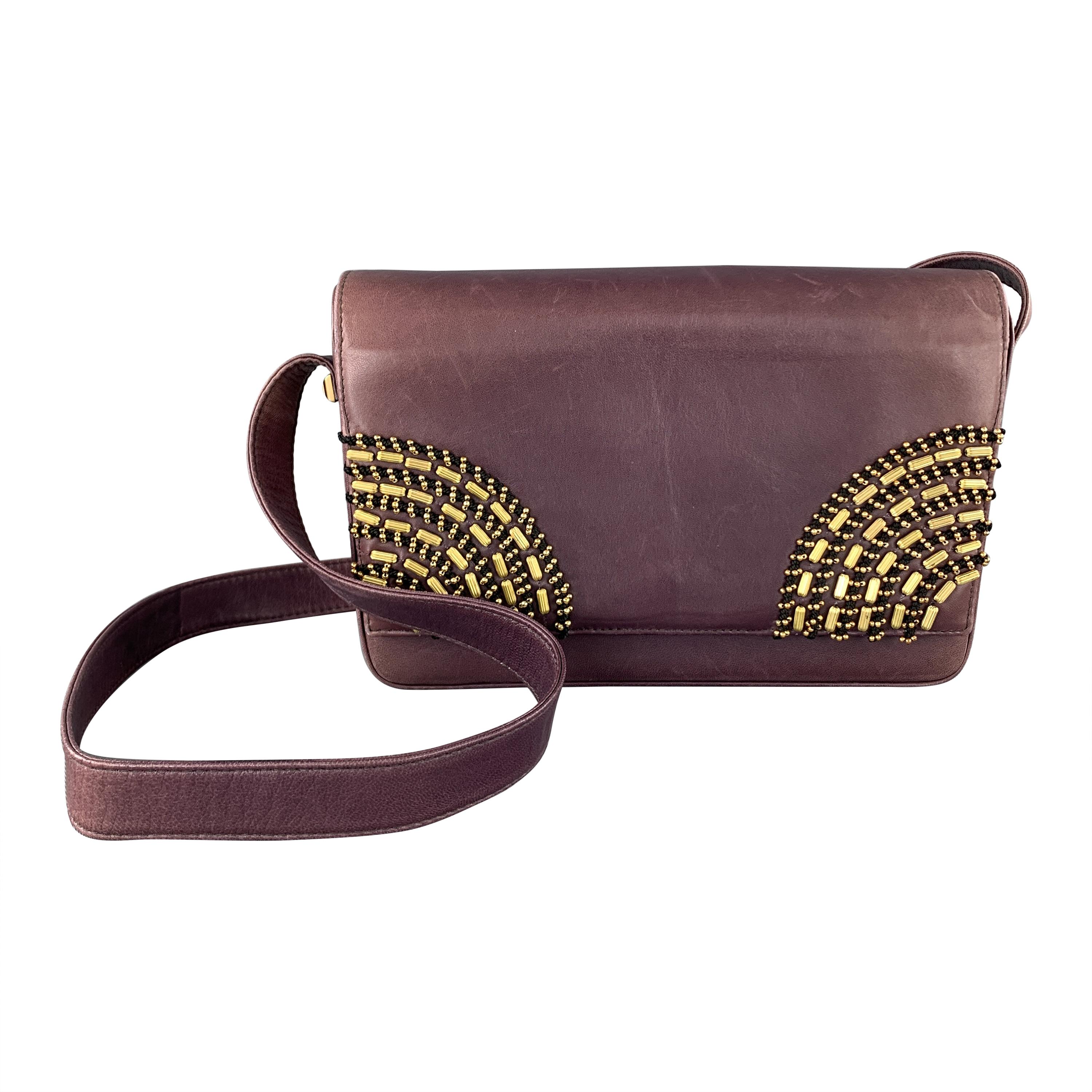 GIANNI VERSACE Vintage 1980's Gold Beaded Purple Leather Shoulder Bag