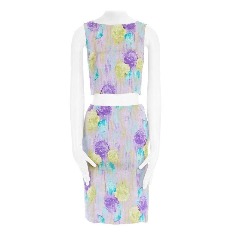 GIANNI VERSACE Vintage 1990s abstract floral print chain trim crop top skirt XS For Sale