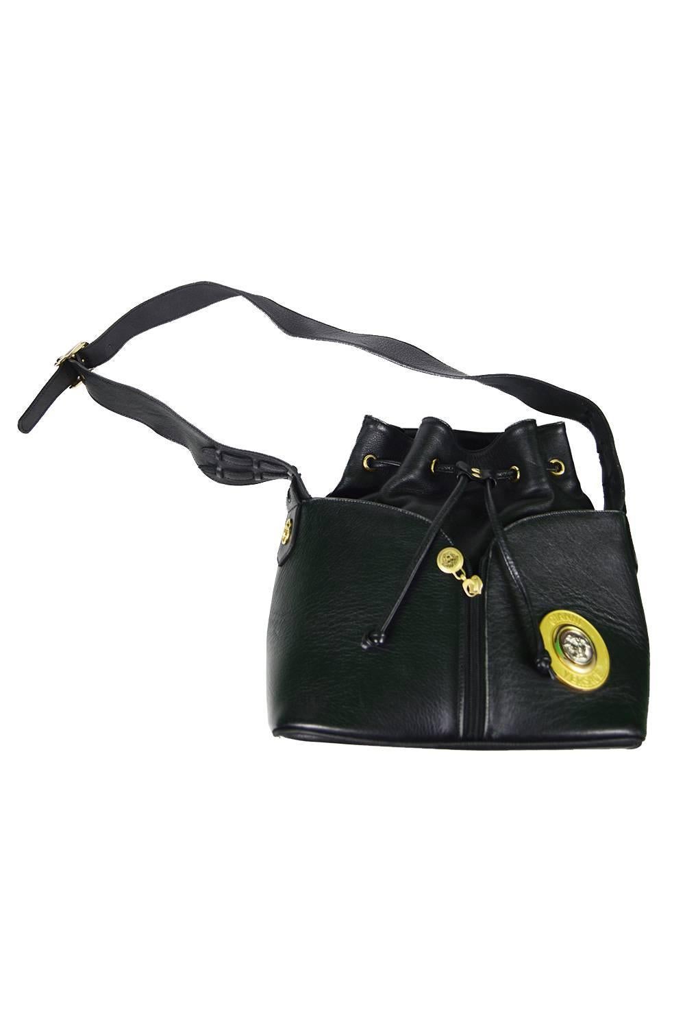 Women's Gianni Versace Vintage 1990s Black Leather Gold & Silver Drawstring Shoulder Bag