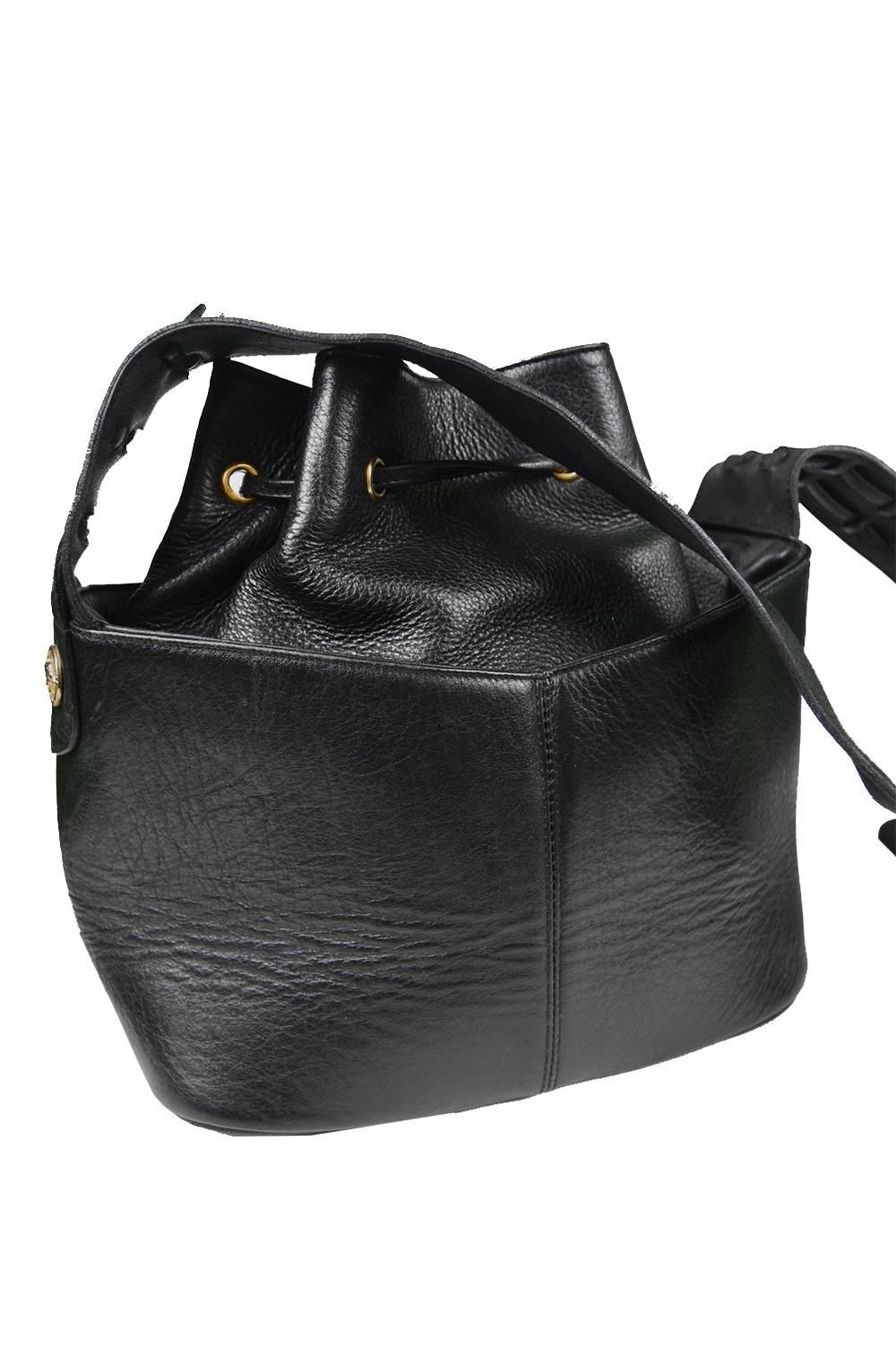 Gianni Versace Vintage 1990s Black Leather Gold & Silver Drawstring Shoulder Bag 3