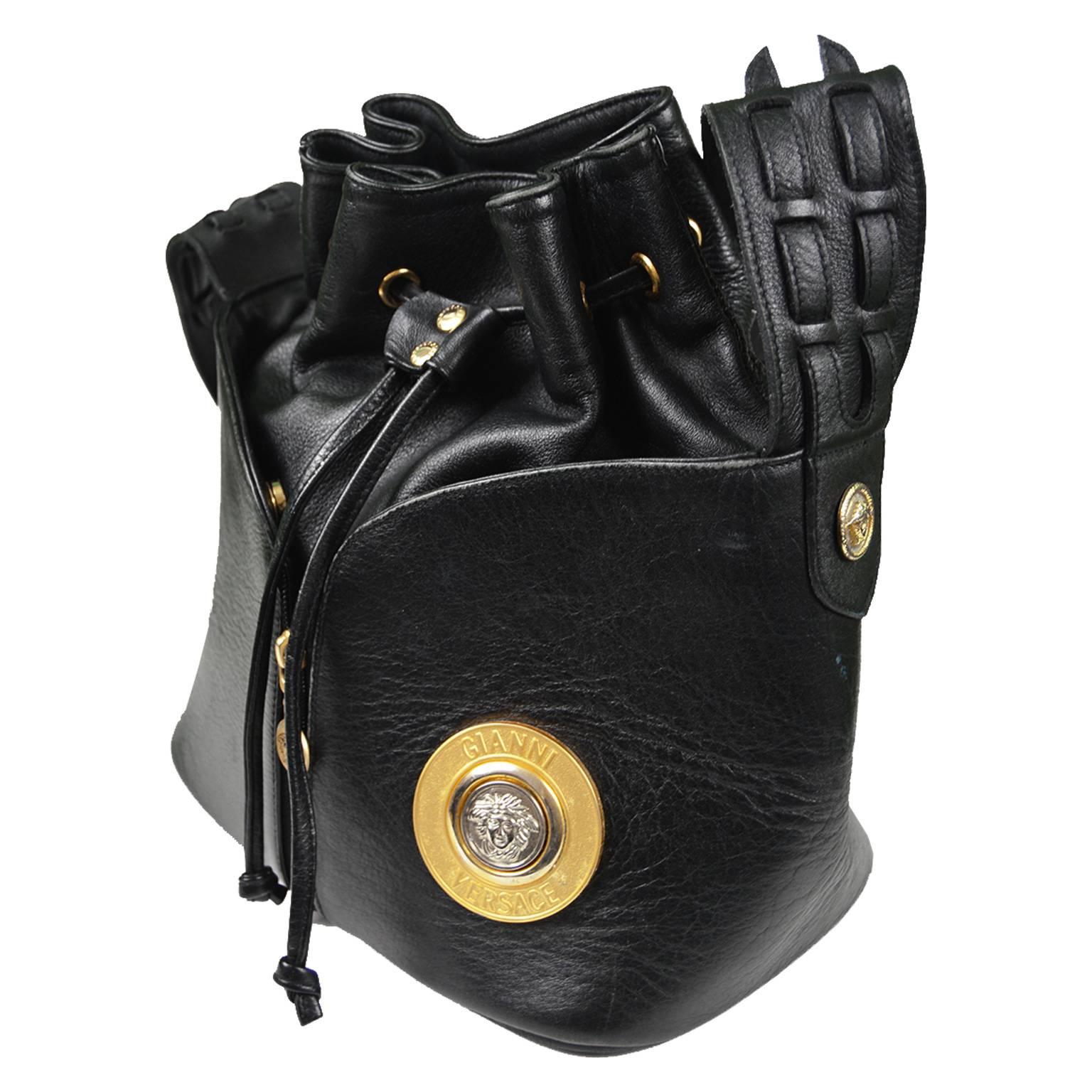 Gianni Versace Vintage 1990s Black Leather Gold & Silver Drawstring Shoulder Bag
