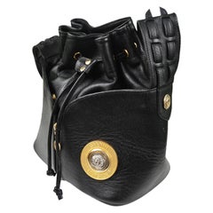 Gianni Versace Retro 1990s Black Leather Gold & Silver Drawstring Shoulder Bag