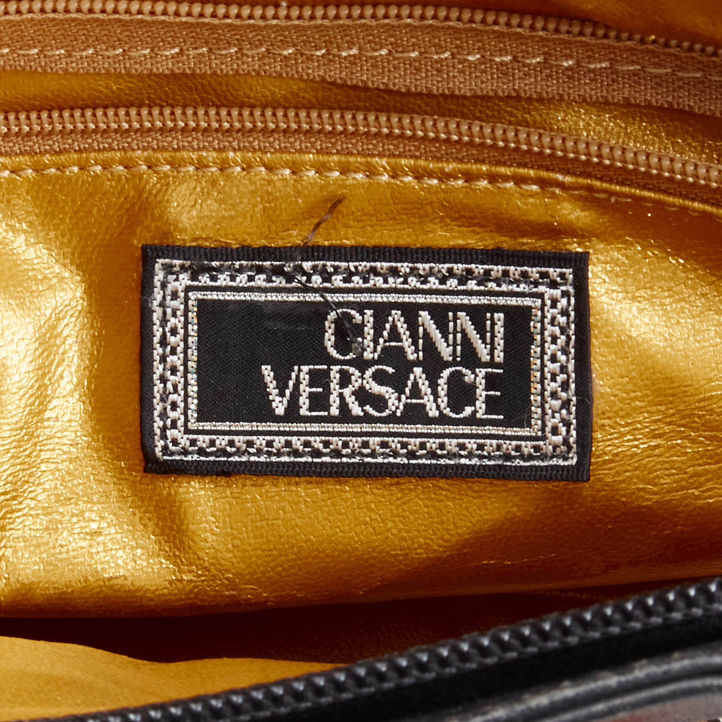 GIANNI VERSACE Vintage 1990's checkerboard barocco vase leather trim tote bag 3