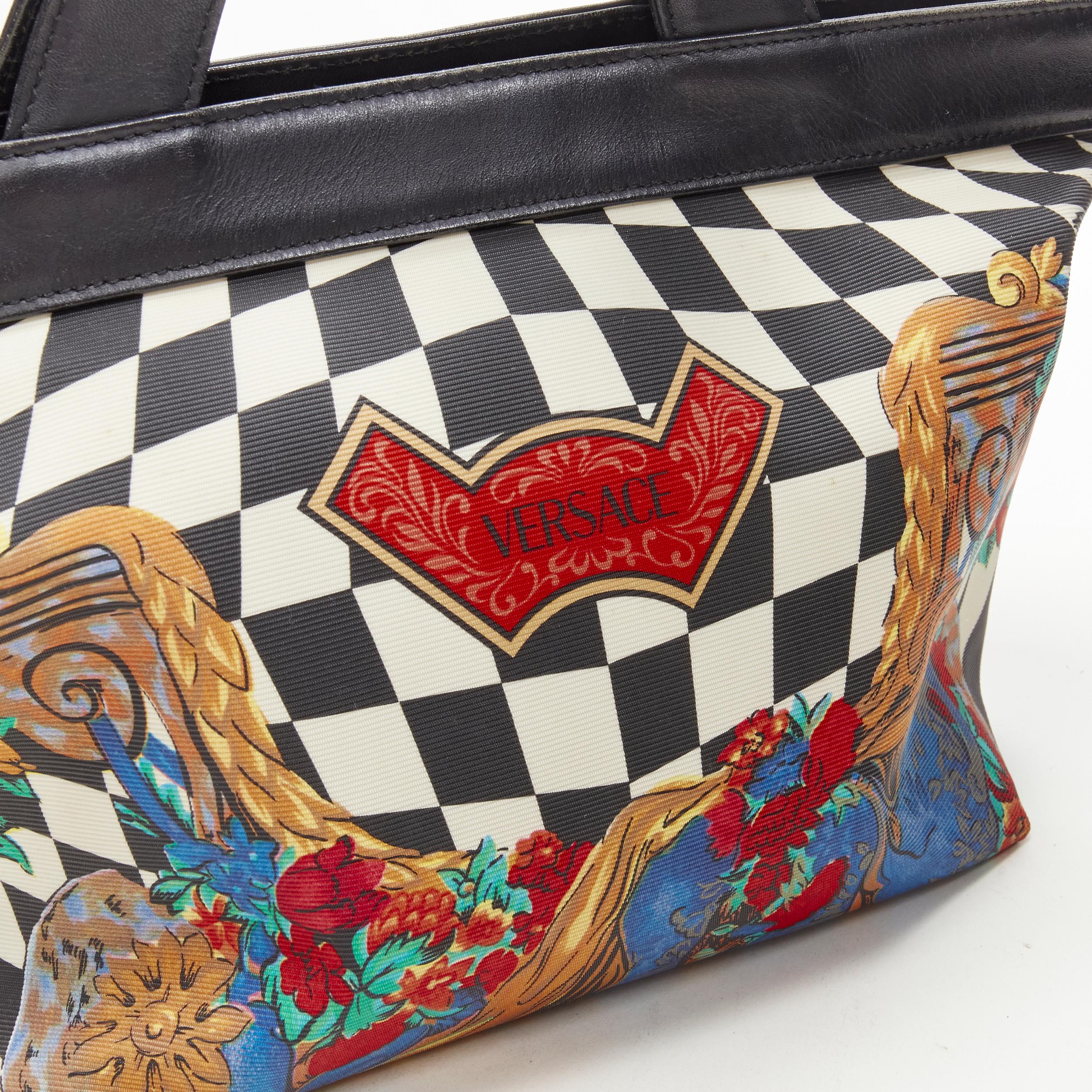 GIANNI VERSACE Vintage 1990's checkerboard barocco vase leather trim tote bag 1