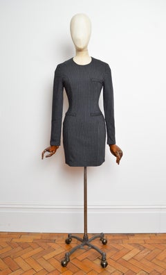 Gianni Versace Vintage 1990s Fitted Grey Pin Stripe Long Sleeve Short Mini Dress