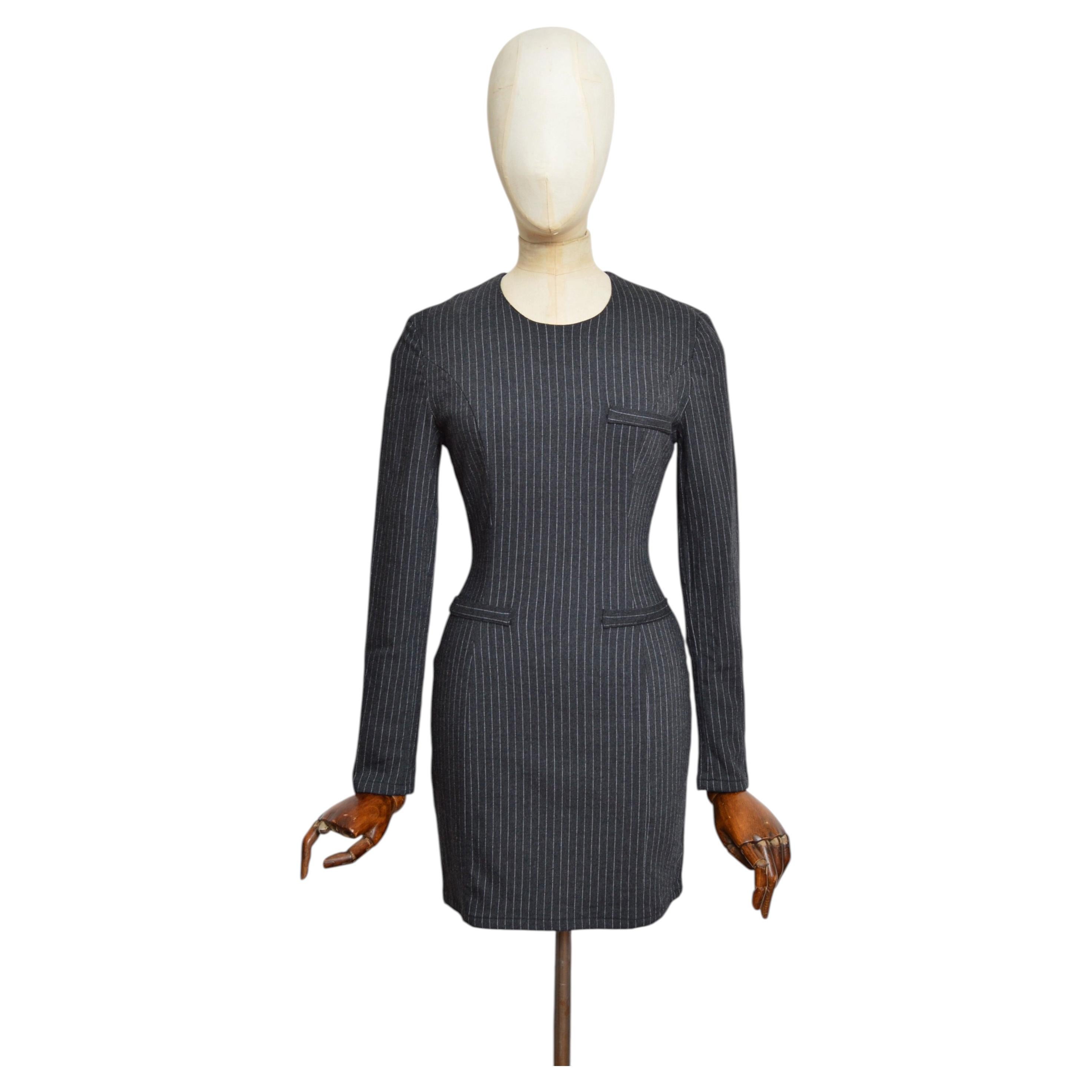 Pre-owned Versace Jeans Couture Gianni Versace Vintage 1990s Fitted Grey Pin Stripe Long Sleeve Short Mini Dress In Gray