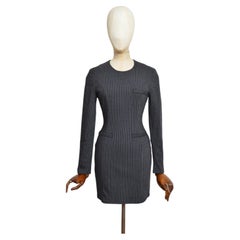 Gianni Versace Vintage 1990s Fitted Grey Pin Stripe Long Sleeve Short Mini Dress