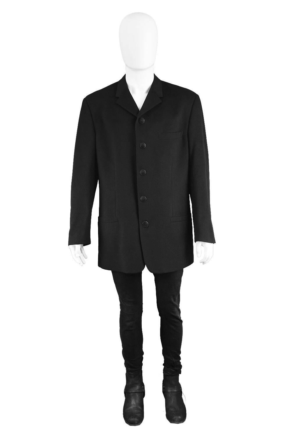 Gianni Versace Vintage 1990's Men's Vintage Black Wool Five Button Blazer Jacket

Size: Marked a IT 52 which is roughly a men's Large. Please check measurements. 
Chest - 44” / 112cm (allow a couple of inches room for movement)
Length (Shoulder to