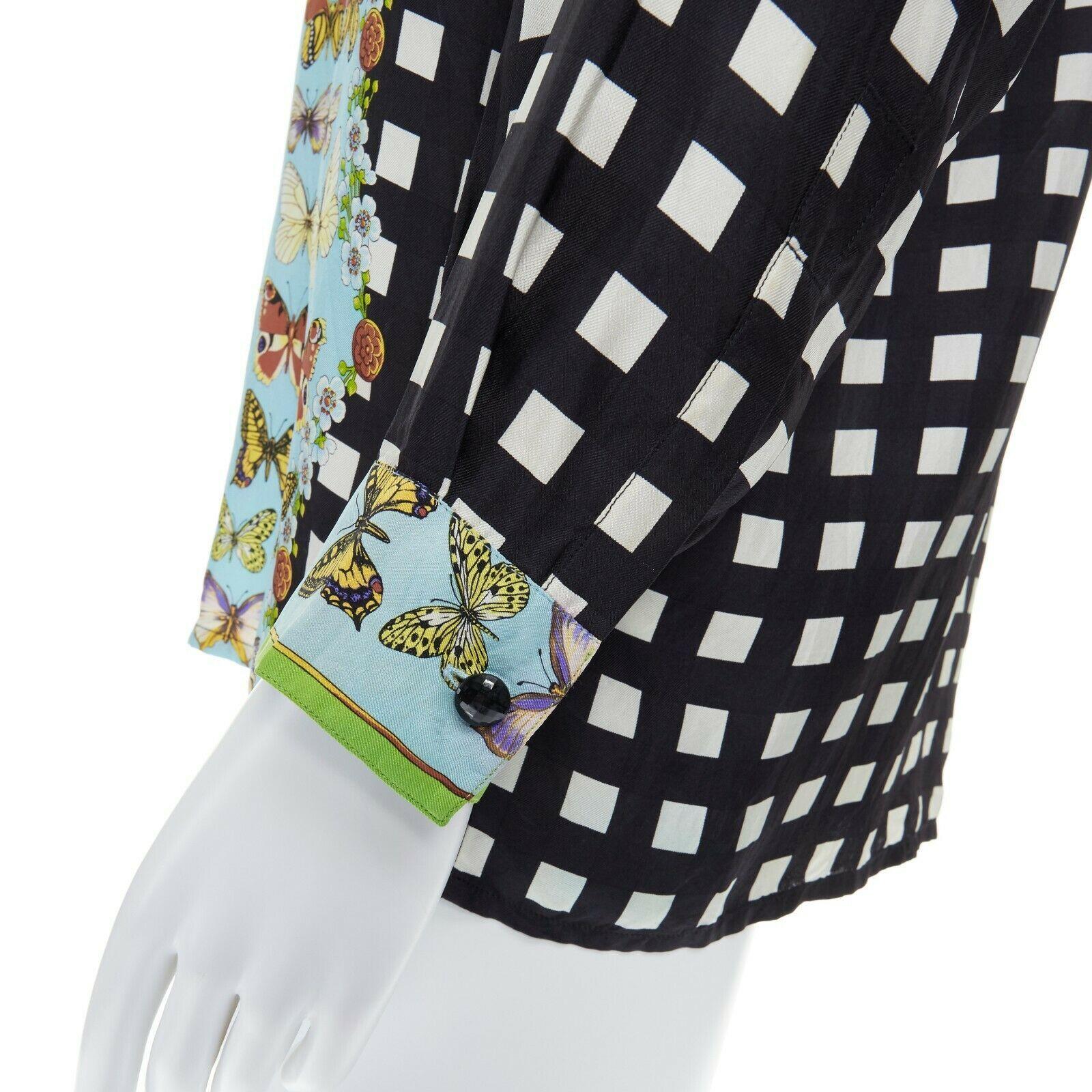 GIANNI VERSACE Vintage 1995 100% silk blue butterfly checkered back shirt S 3
