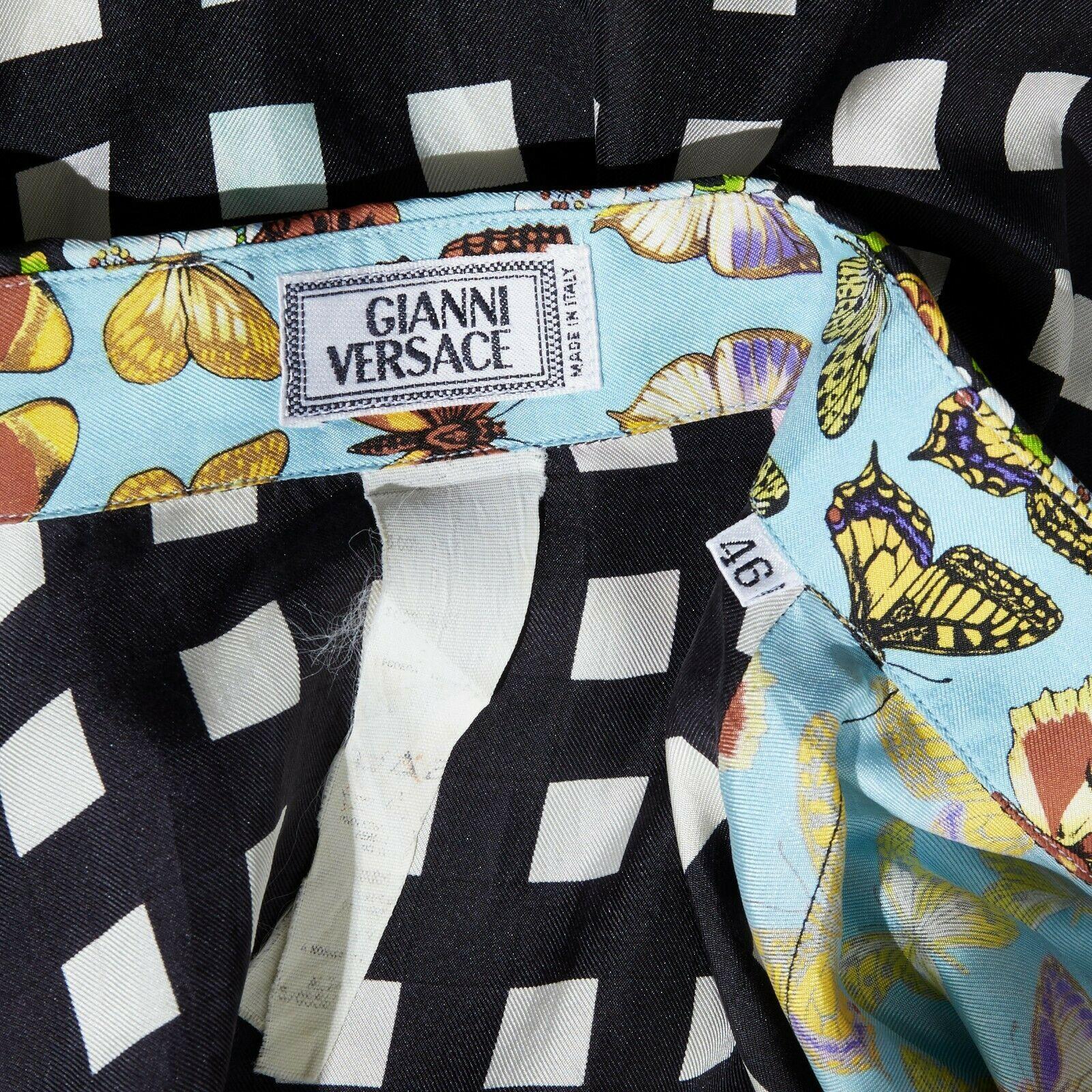 GIANNI VERSACE Vintage 1995 100% silk blue butterfly checkered back shirt S 4