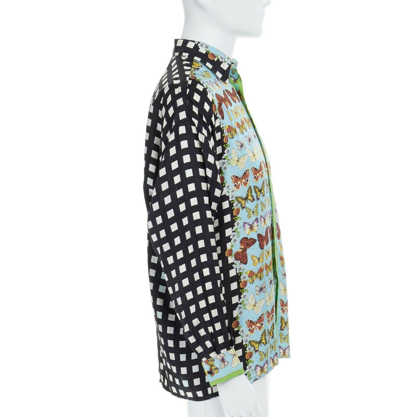 GIANNI VERSACE Vintage 1995 100% silk blue butterfly checkered back shirt S In Excellent Condition In Hong Kong, NT