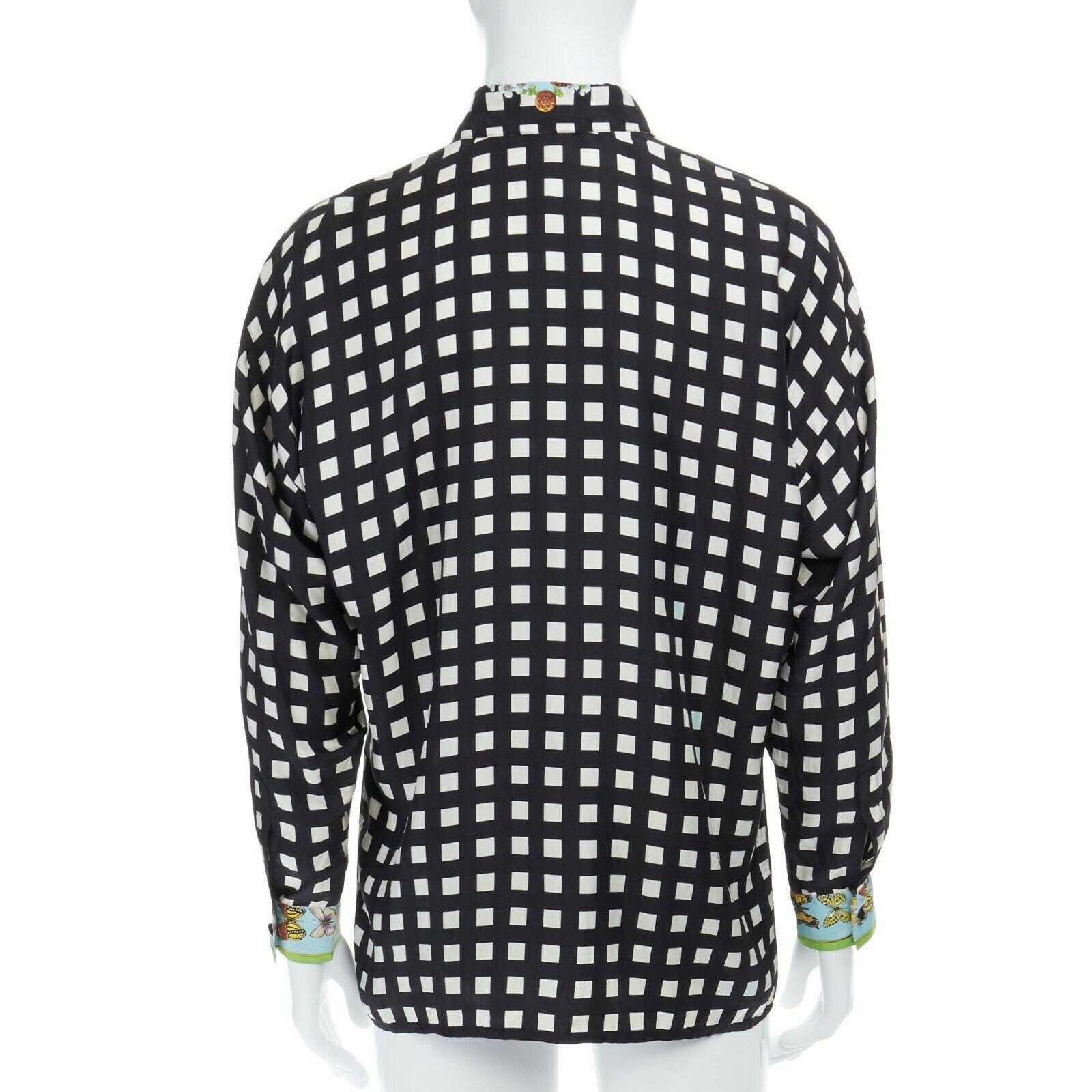 Men's GIANNI VERSACE Vintage 1995 100% silk blue butterfly checkered back shirt S