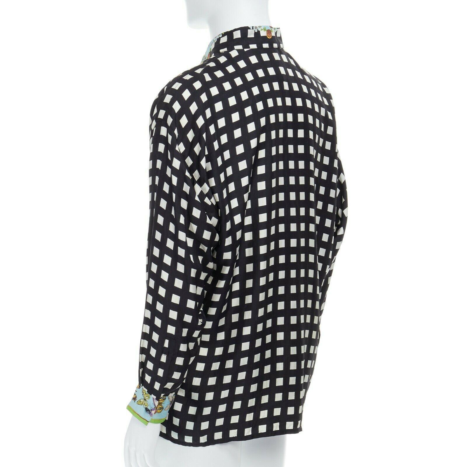 GIANNI VERSACE Vintage 1995 100% silk blue butterfly checkered back shirt S 1