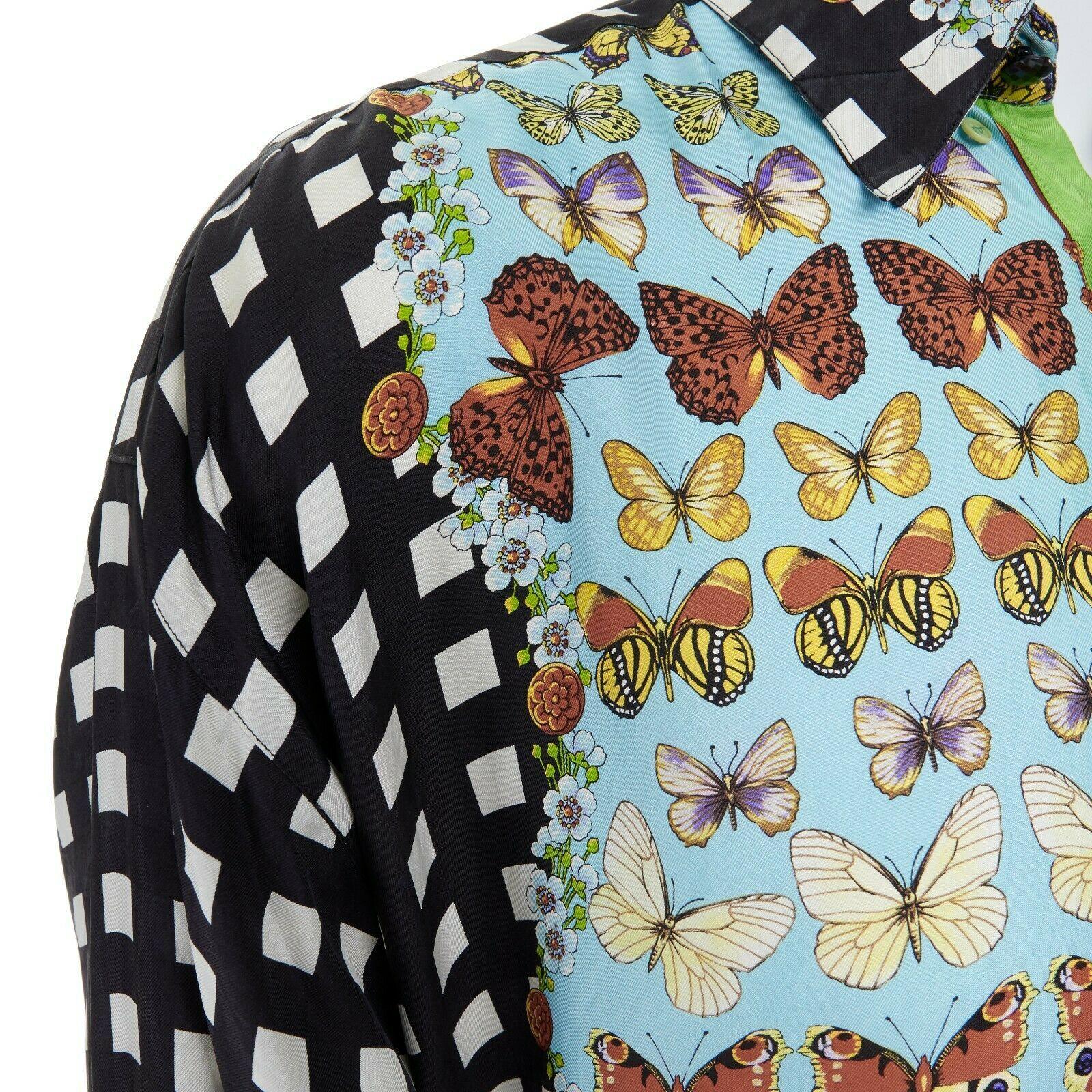 GIANNI VERSACE Vintage 1995 100% silk blue butterfly checkered back shirt S 2