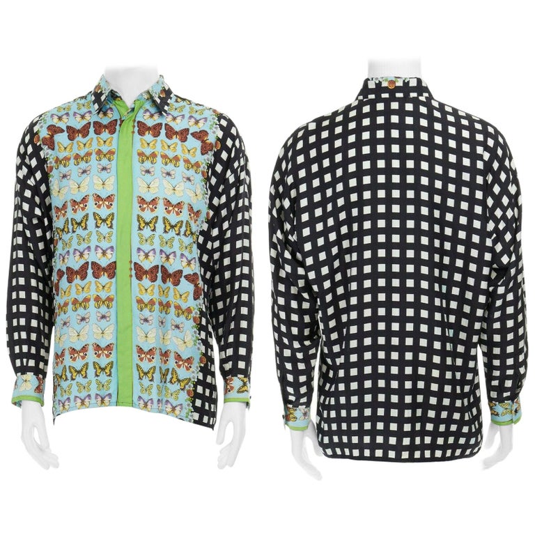GIANNI VERSACE Vintage 1995 100% silk blue butterfly checkered back shirt S For Sale
