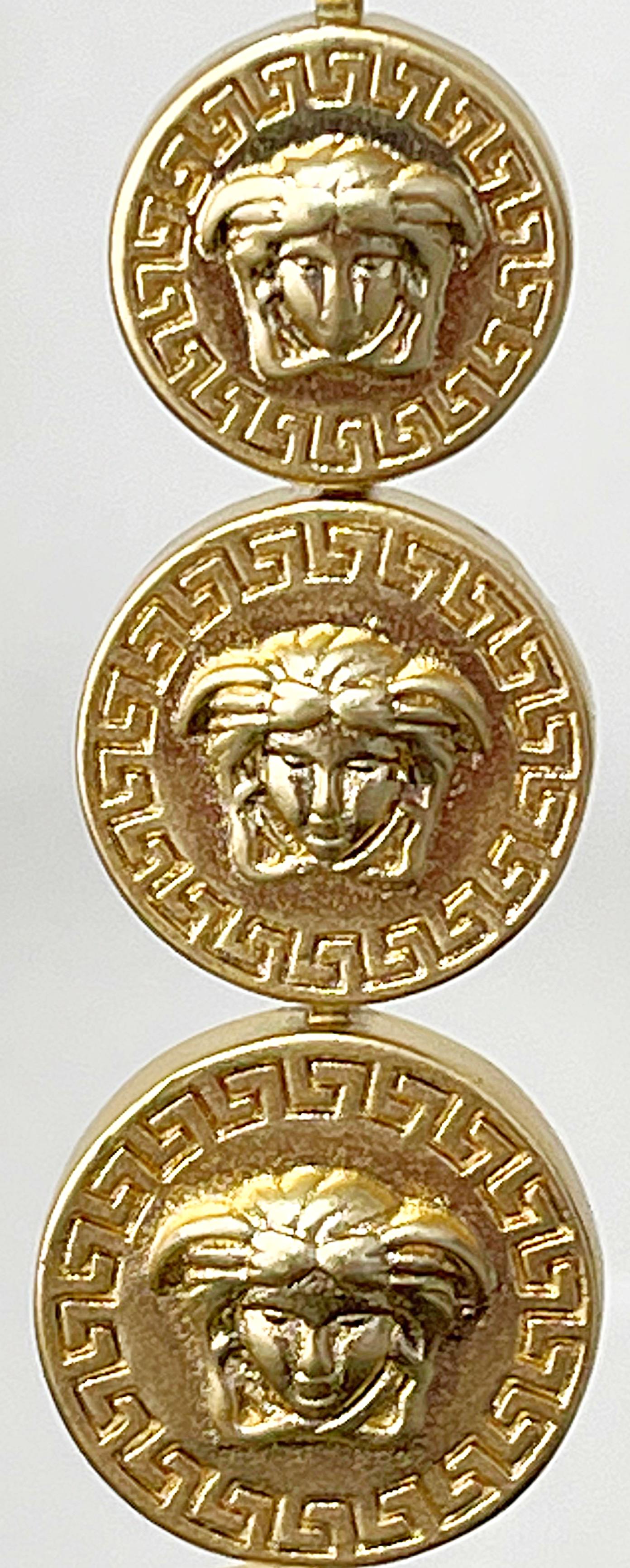 Gianni Versace Vintage 2000s Y2K Gold Logo Medusa Head Dangle Pierced Earrings For Sale 3