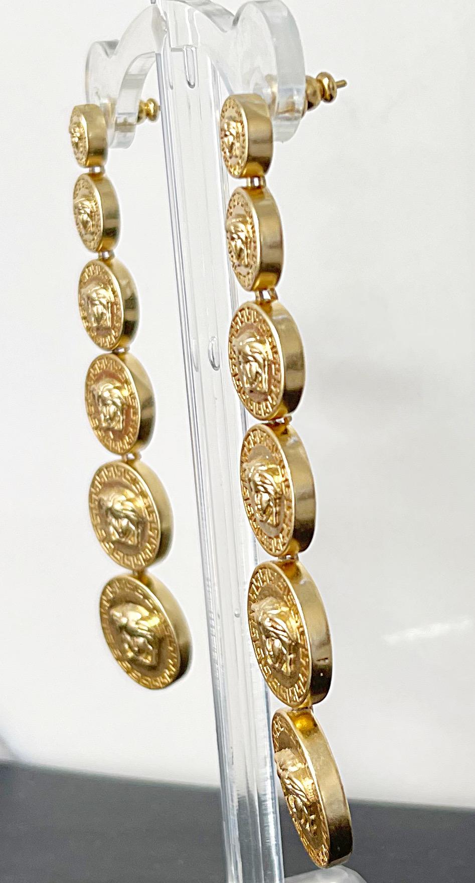 Gianni Versace Vintage 2000s Y2K Gold Logo Medusa Head Dangle Pierced Earrings For Sale 5