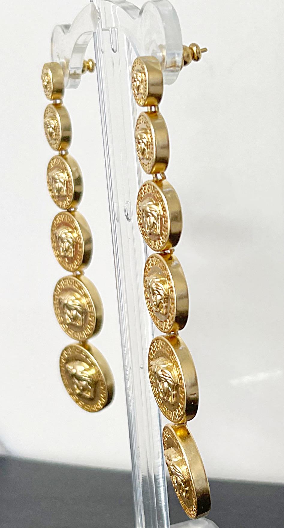 Gianni Versace Vintage 2000s Y2K Gold Logo Medusa Head Dangle Pierced Earrings  For Sale 5