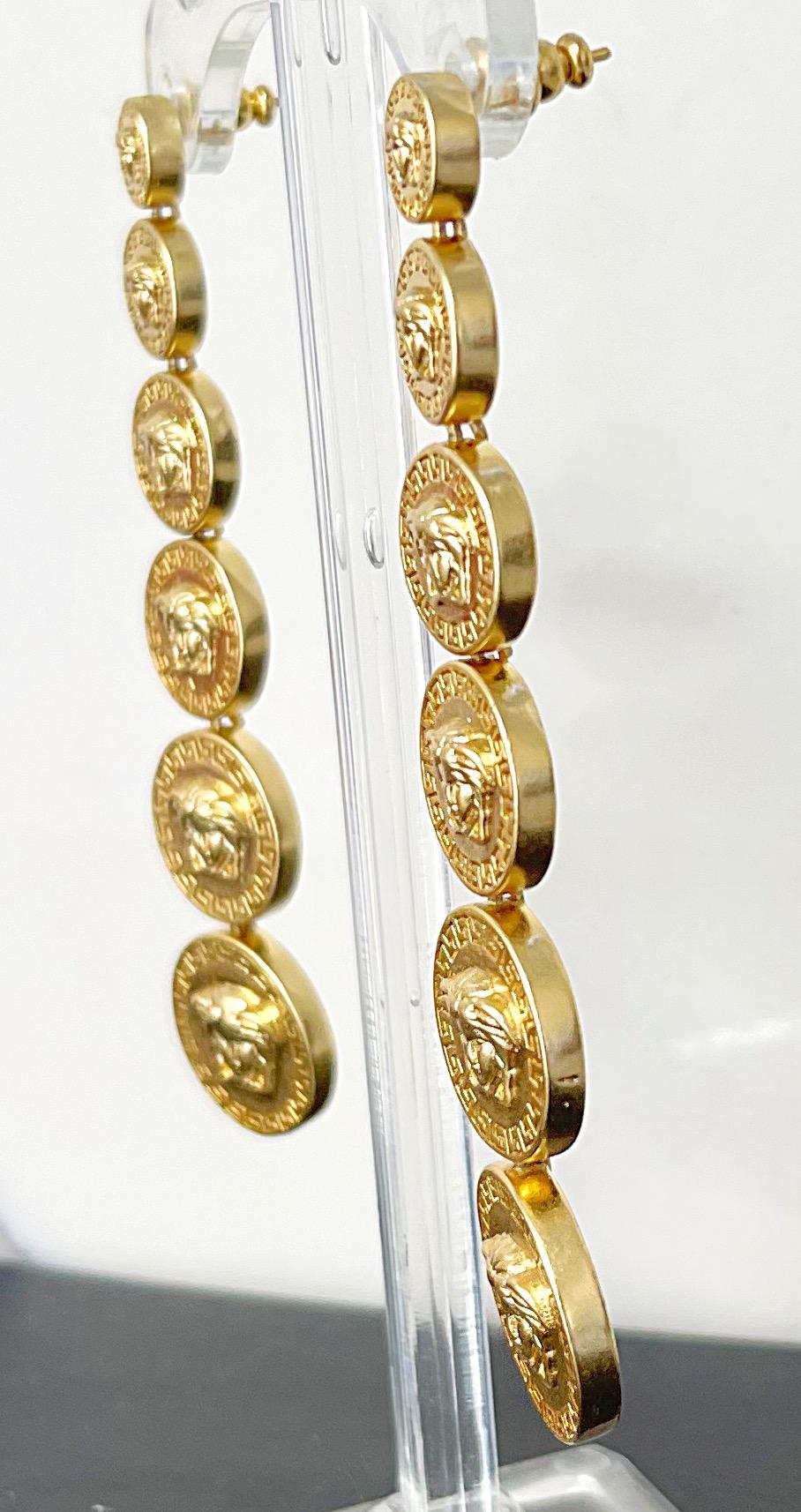 Gianni Versace Vintage 2000s Y2K Gold Logo Medusa Head Dangle Pierced Earrings  For Sale 6