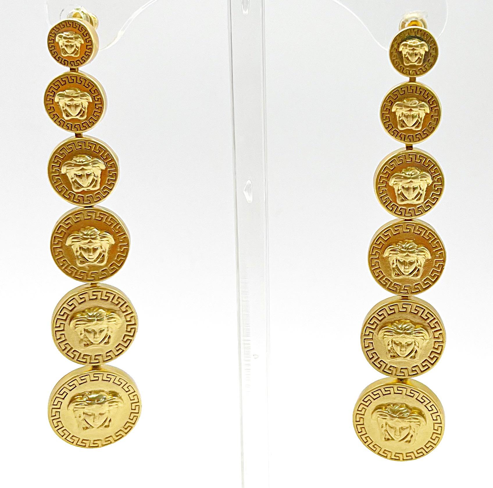 Gianni Versace Vintage 2000s Y2K Gold Logo Medusa Head Dangle Pierced Earrings  For Sale 7