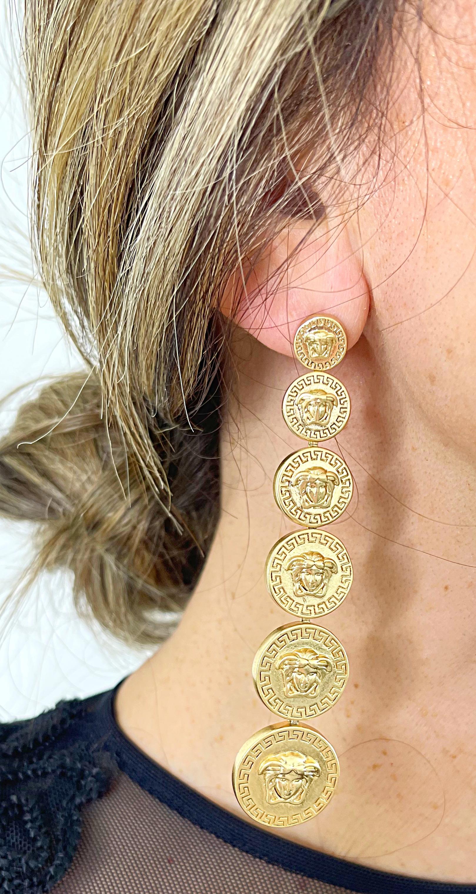 Gianni Versace Vintage 2000s Y2K Gold Logo Medusa Head Dangle Pierced Earrings  For Sale 8