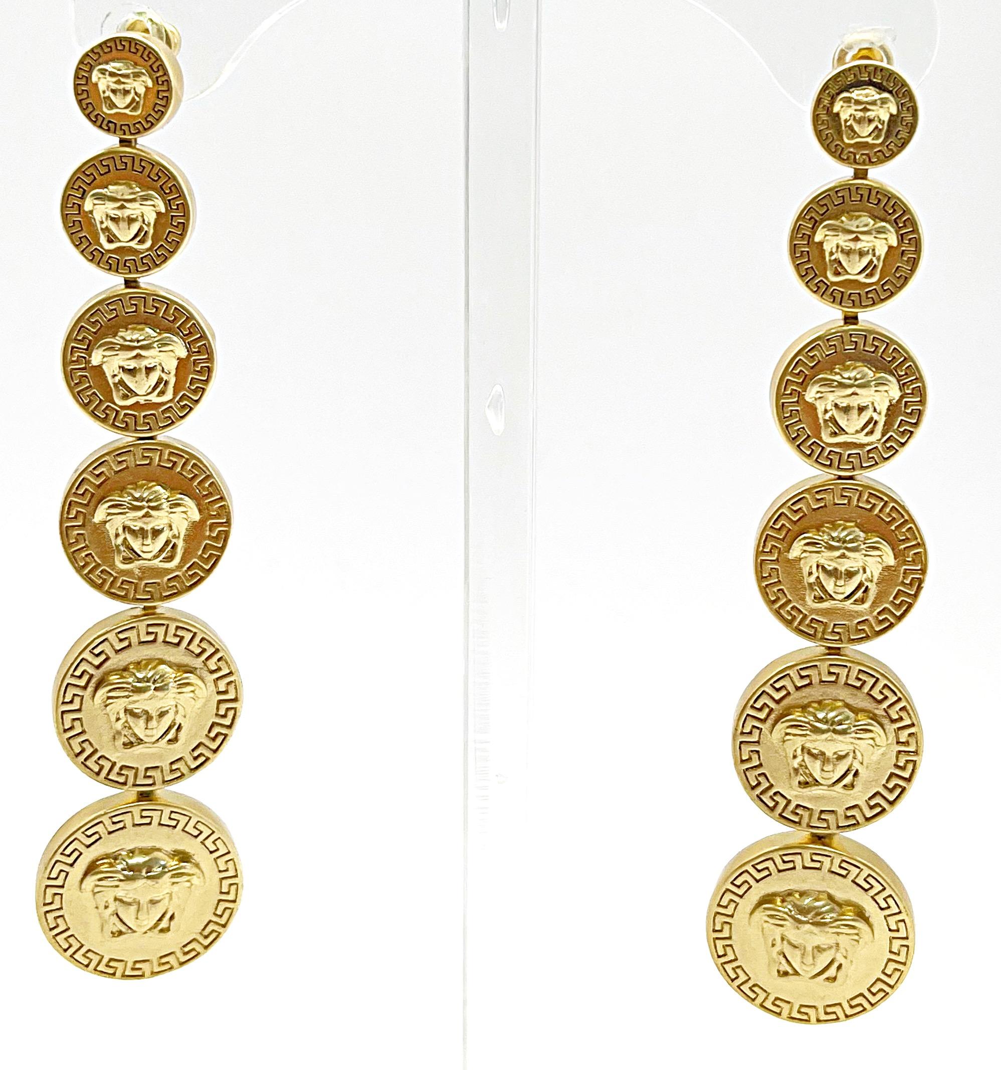 Women's Gianni Versace Vintage 2000s Y2K Gold Logo Medusa Head Dangle Pierced Earrings  For Sale