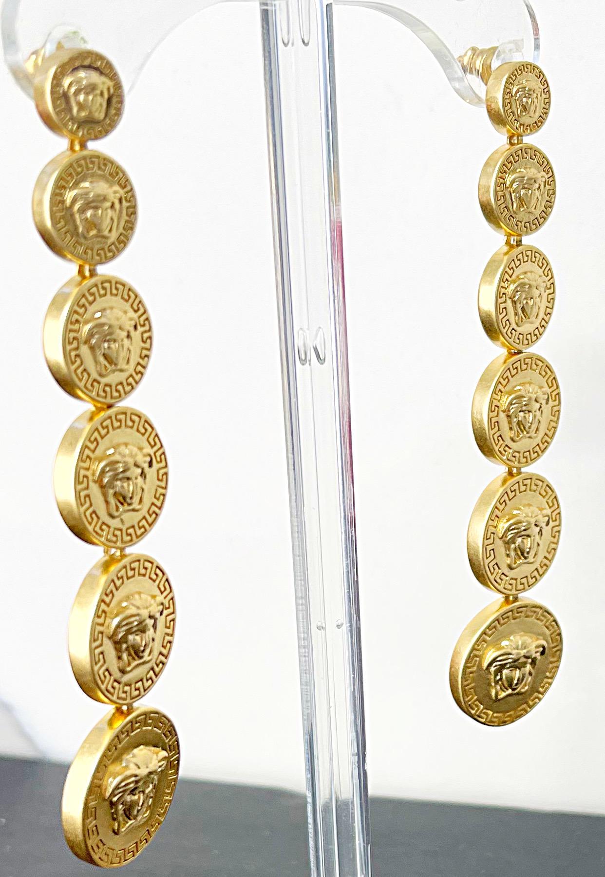 Gianni Versace Vintage 2000s Y2K Gold Logo Medusa Head Dangle Pierced Earrings  For Sale 1