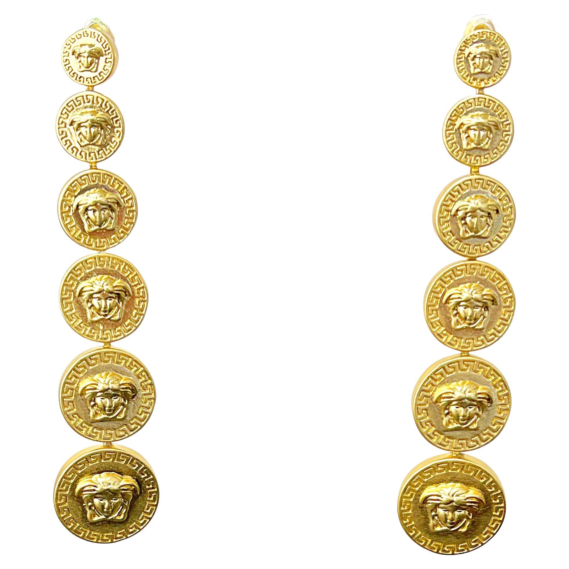 Gianni Versace Vintage 2000s Y2K Gold Logo Medusa Head Dangle Pierced Earrings 