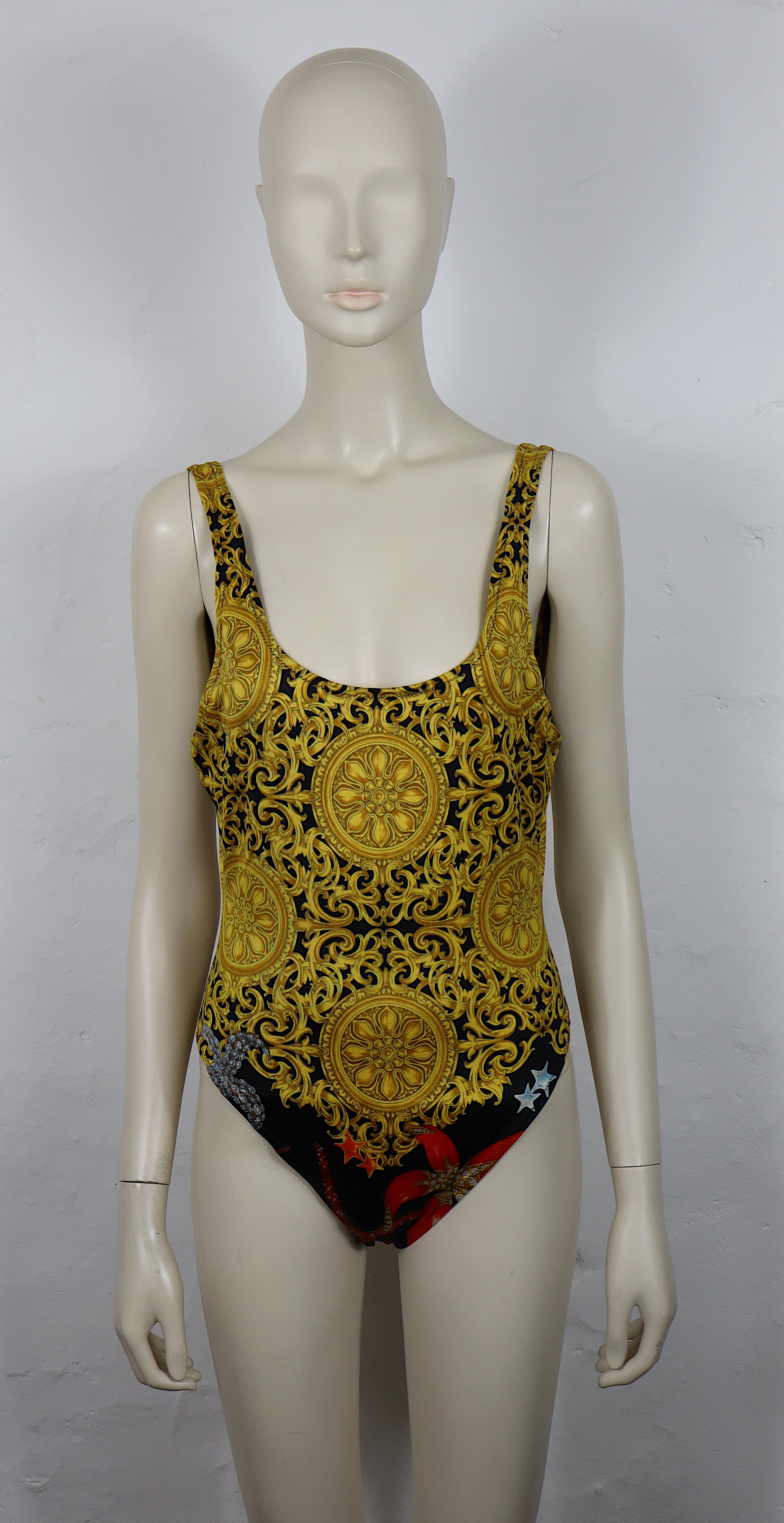 Brown GIANNI VERSACE Vintage Barocco Seashell Print One-Piece Swimsuit For Sale