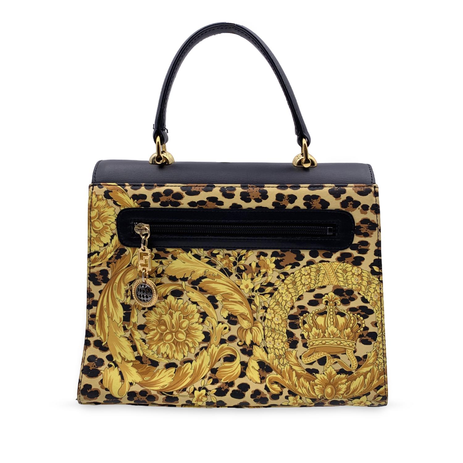 Gianni Versace Vintage Baroque Leopard Canvas Top Handle Tote Bag In Excellent Condition In Rome, Rome