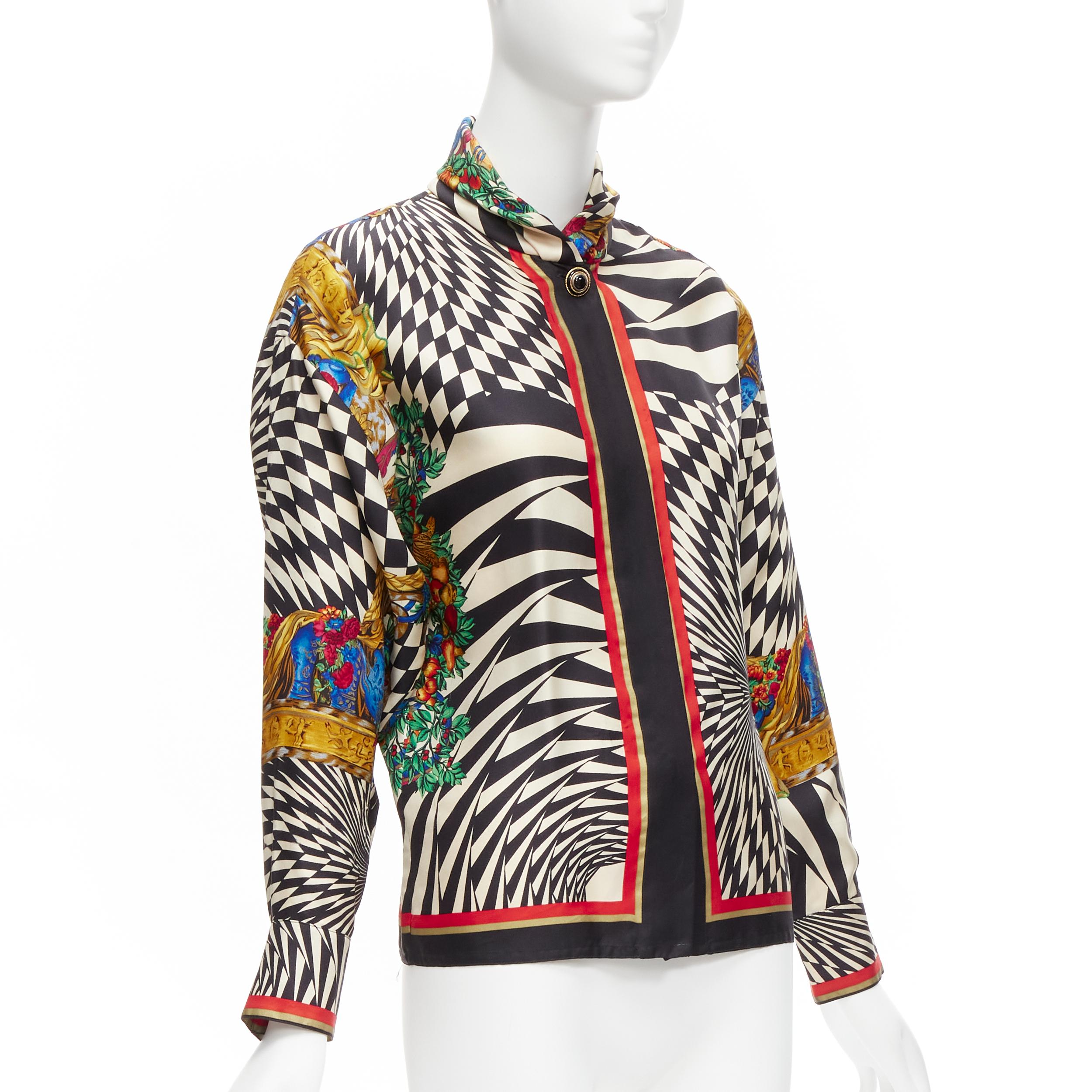 Black GIANNI VERSACE Vintage baroque royal optical graphic print collar shirt IT38 XS For Sale