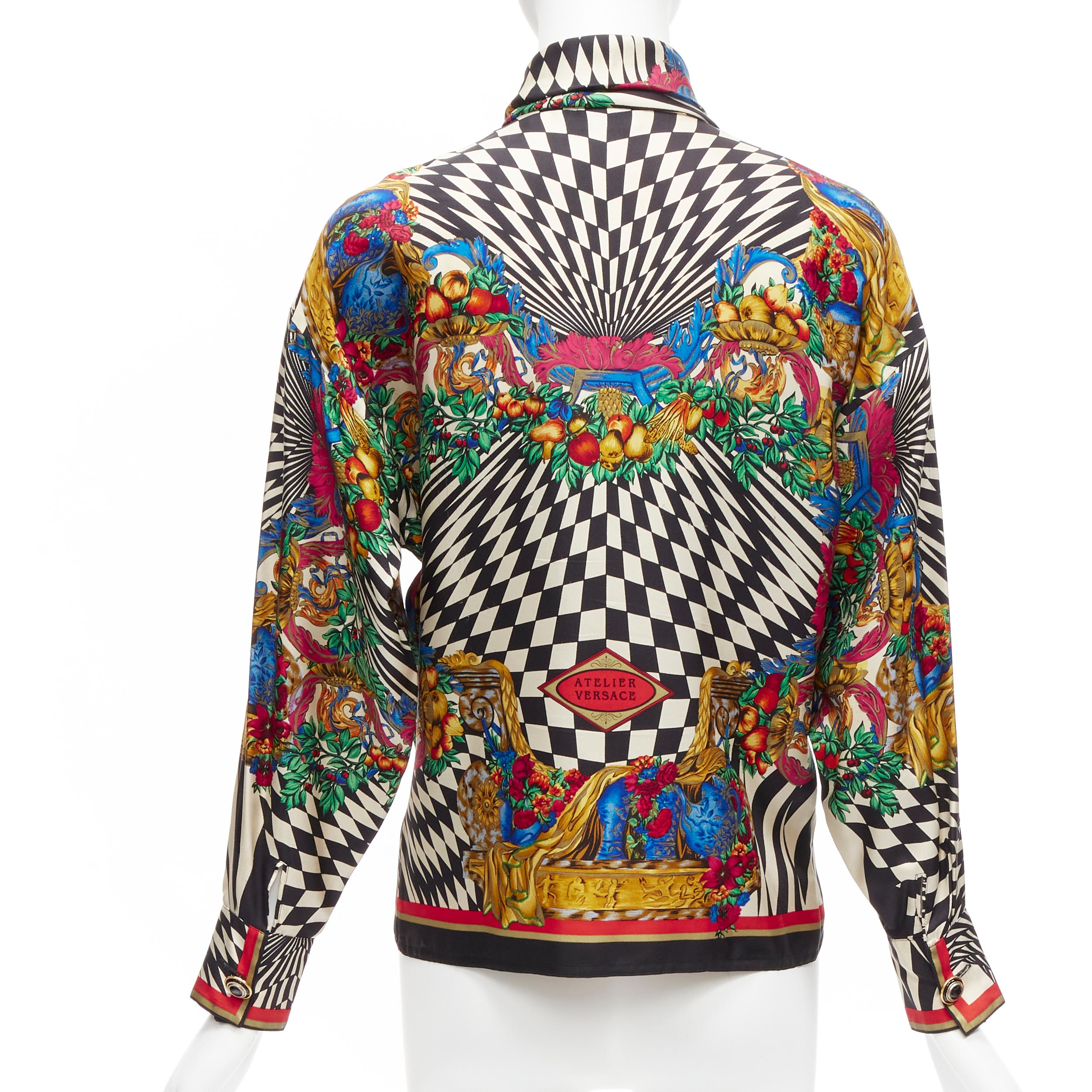 Women's GIANNI VERSACE Vintage baroque royal optical graphic print collar shirt IT38 XS For Sale
