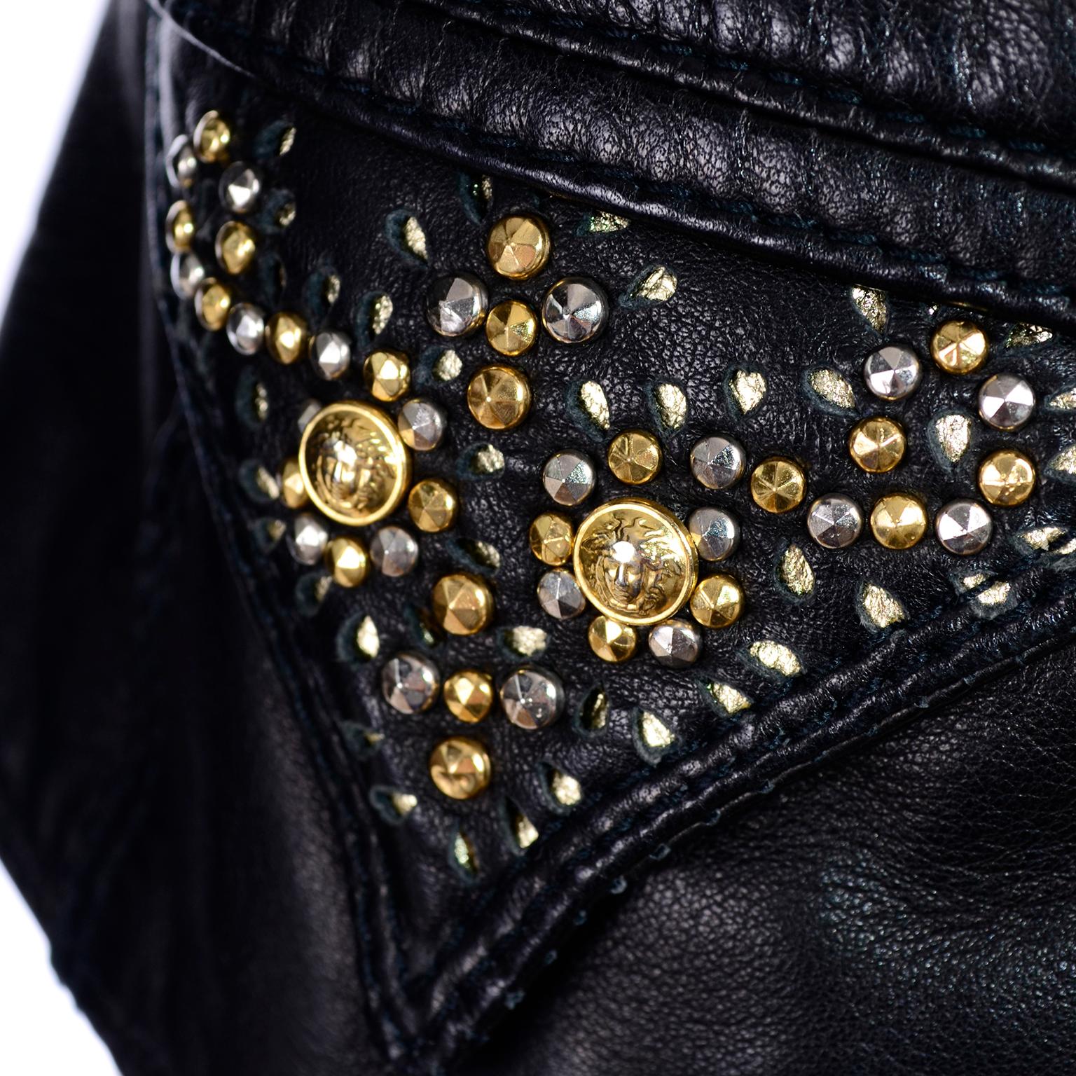 Gianni Versace Vintage Black Lambskin Leather Moto Jacket W Medusa Studs 9