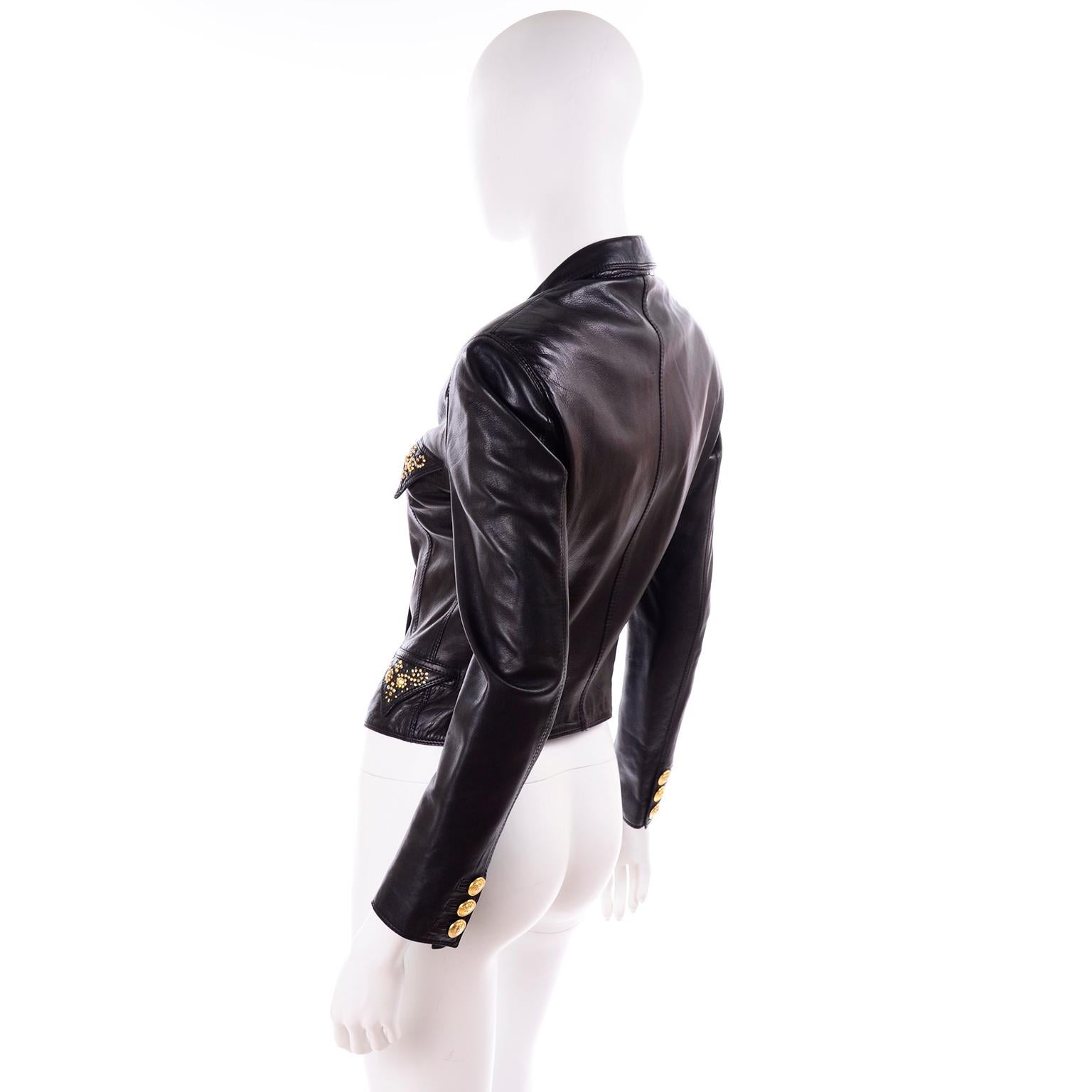 Gianni Versace Vintage Black Lambskin Leather Moto Jacket W Medusa Studs In Excellent Condition In Portland, OR