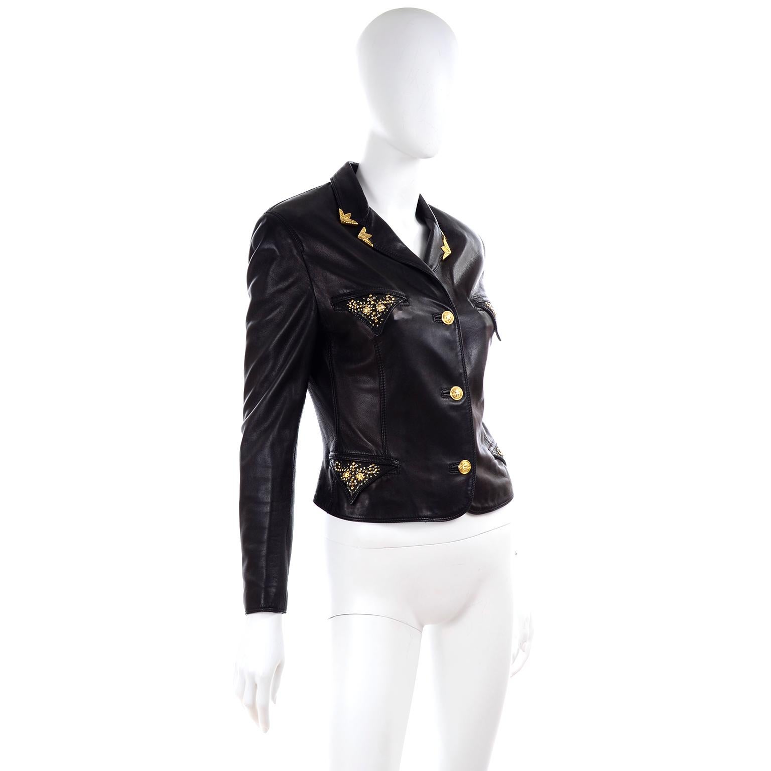 Gianni Versace Vintage Black Lambskin Leather Moto Jacket W Medusa Studs 2