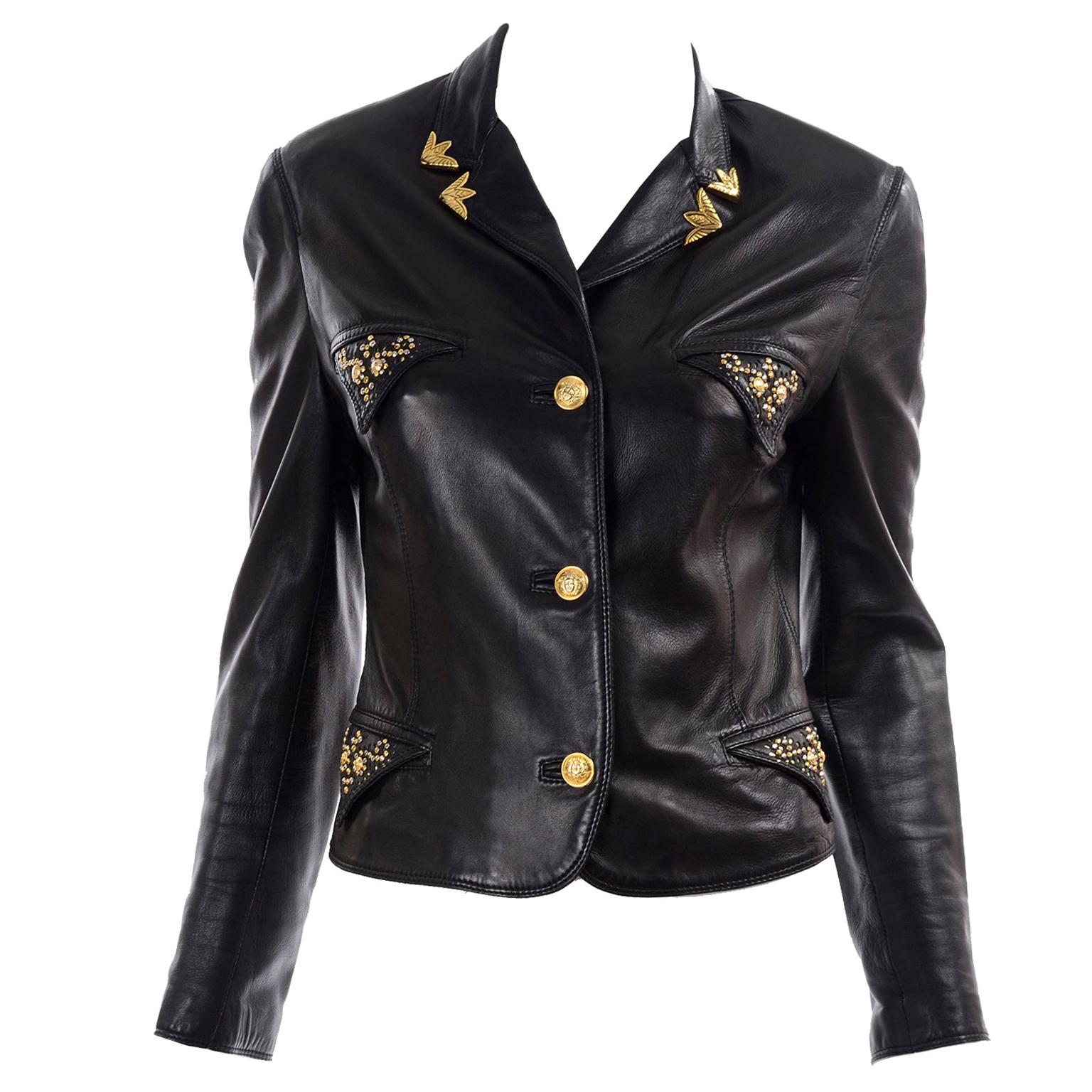 Gianni Versace Vintage Black Lambskin Leather Moto Jacket W Medusa Studs