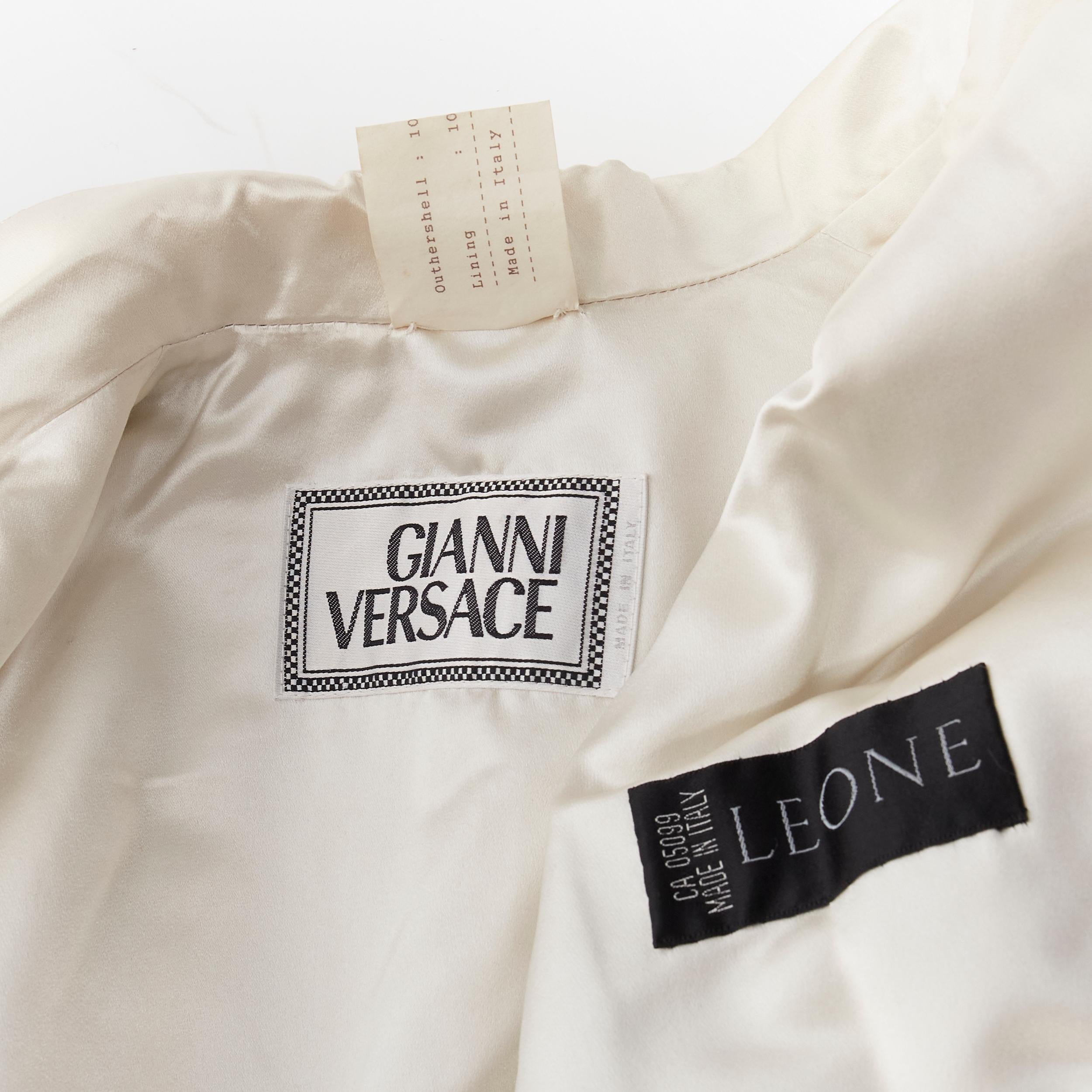 GIANNI VERSACE Vintage black leather white silk medusa button belted coat For Sale 5