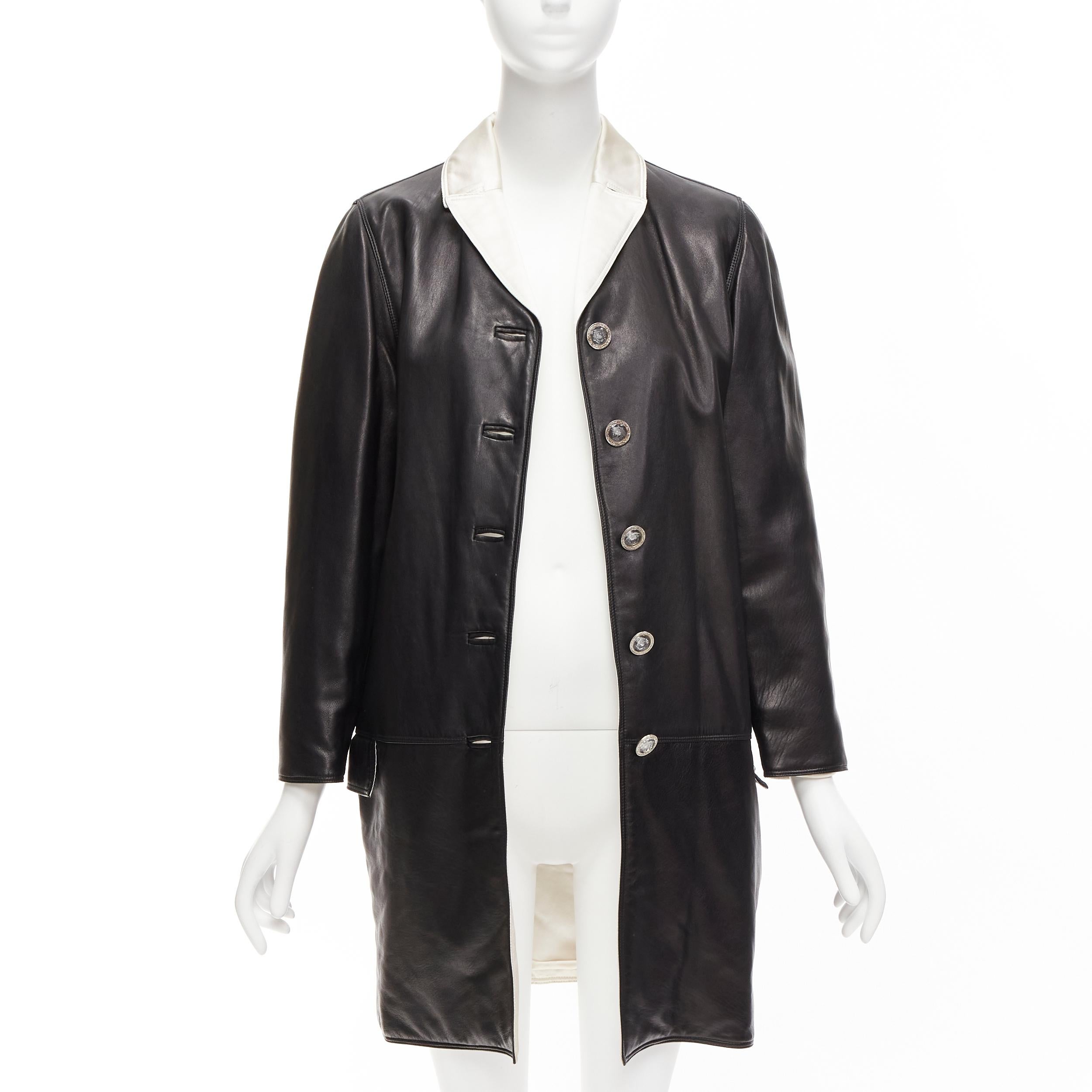GIANNI VERSACE Vintage black leather white silk medusa button belted coat In Good Condition For Sale In Hong Kong, NT