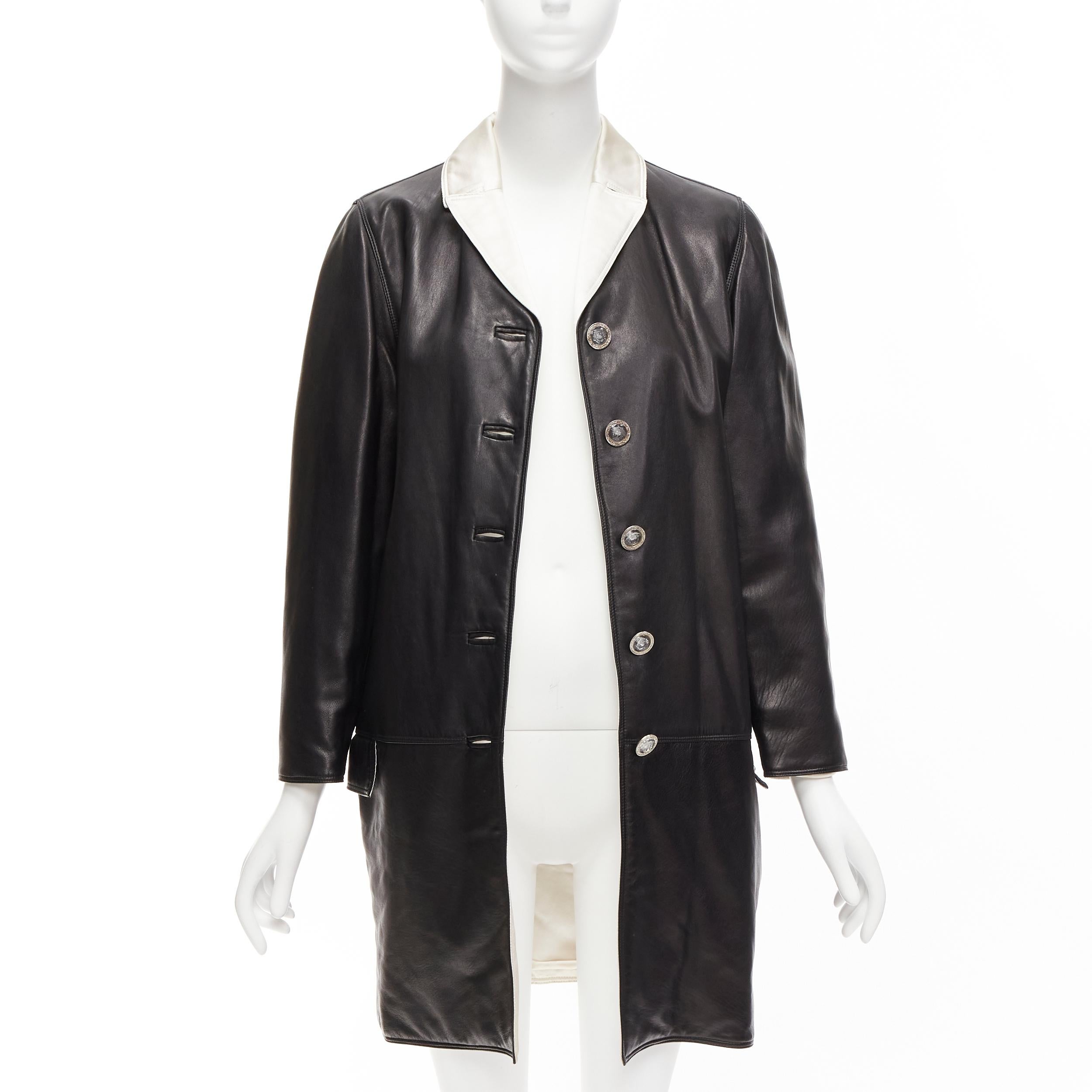 Black GIANNI VERSACE Vintage black leather white silk medusa button belted coat For Sale