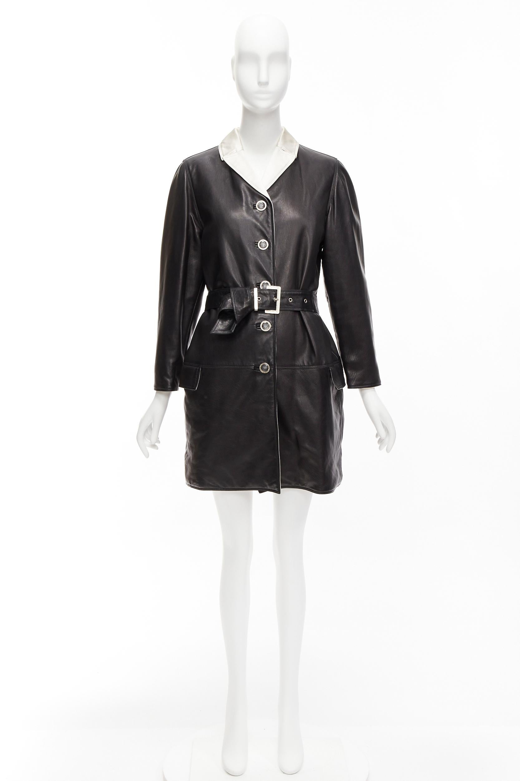 Women's GIANNI VERSACE Vintage black leather white silk medusa button belted coat For Sale