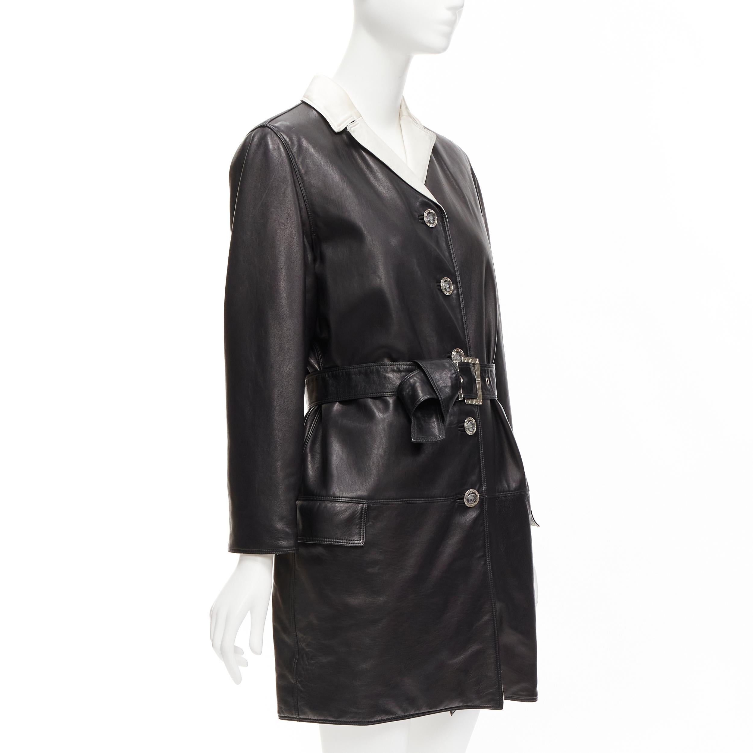 GIANNI VERSACE Vintage black leather white silk medusa button belted coat For Sale 1