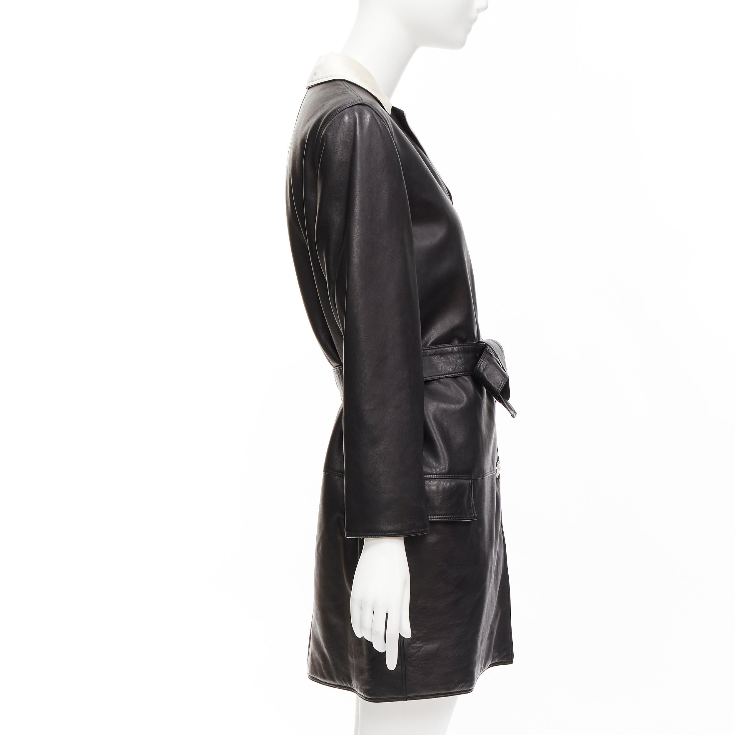 GIANNI VERSACE Vintage black leather white silk medusa button belted coat For Sale 1