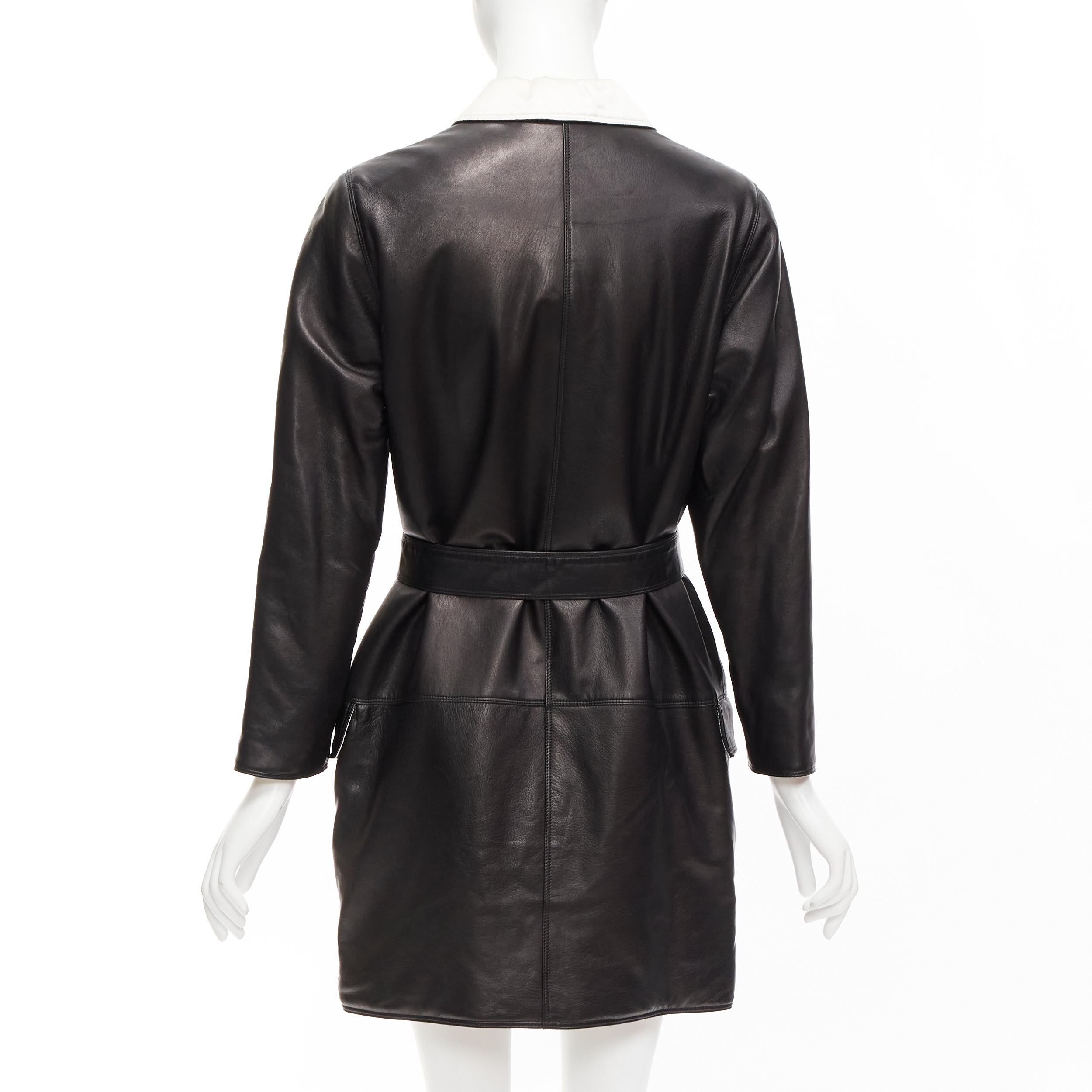 GIANNI VERSACE Vintage black leather white silk medusa button belted coat For Sale 3