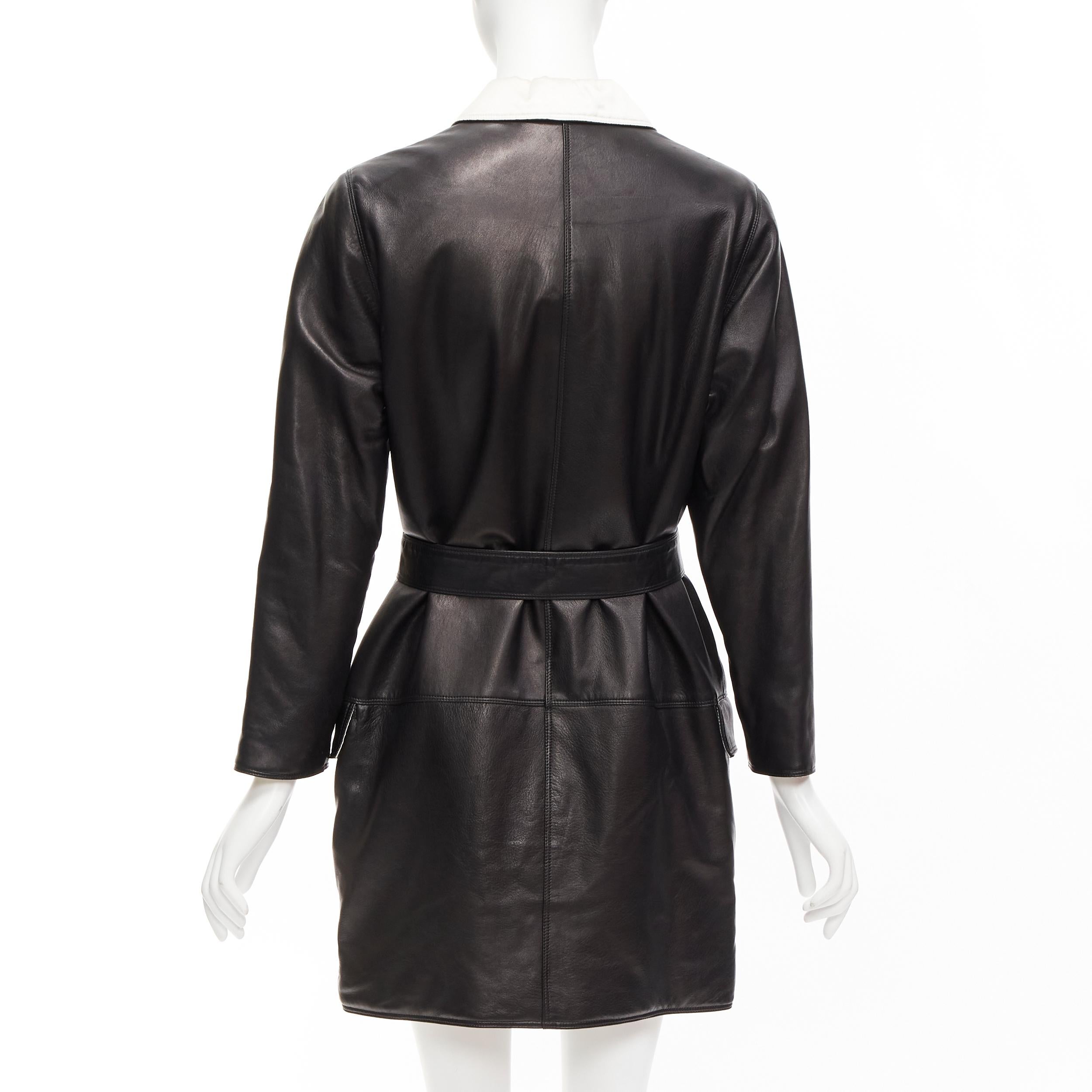 GIANNI VERSACE Vintage black leather white silk medusa button belted coat For Sale 2