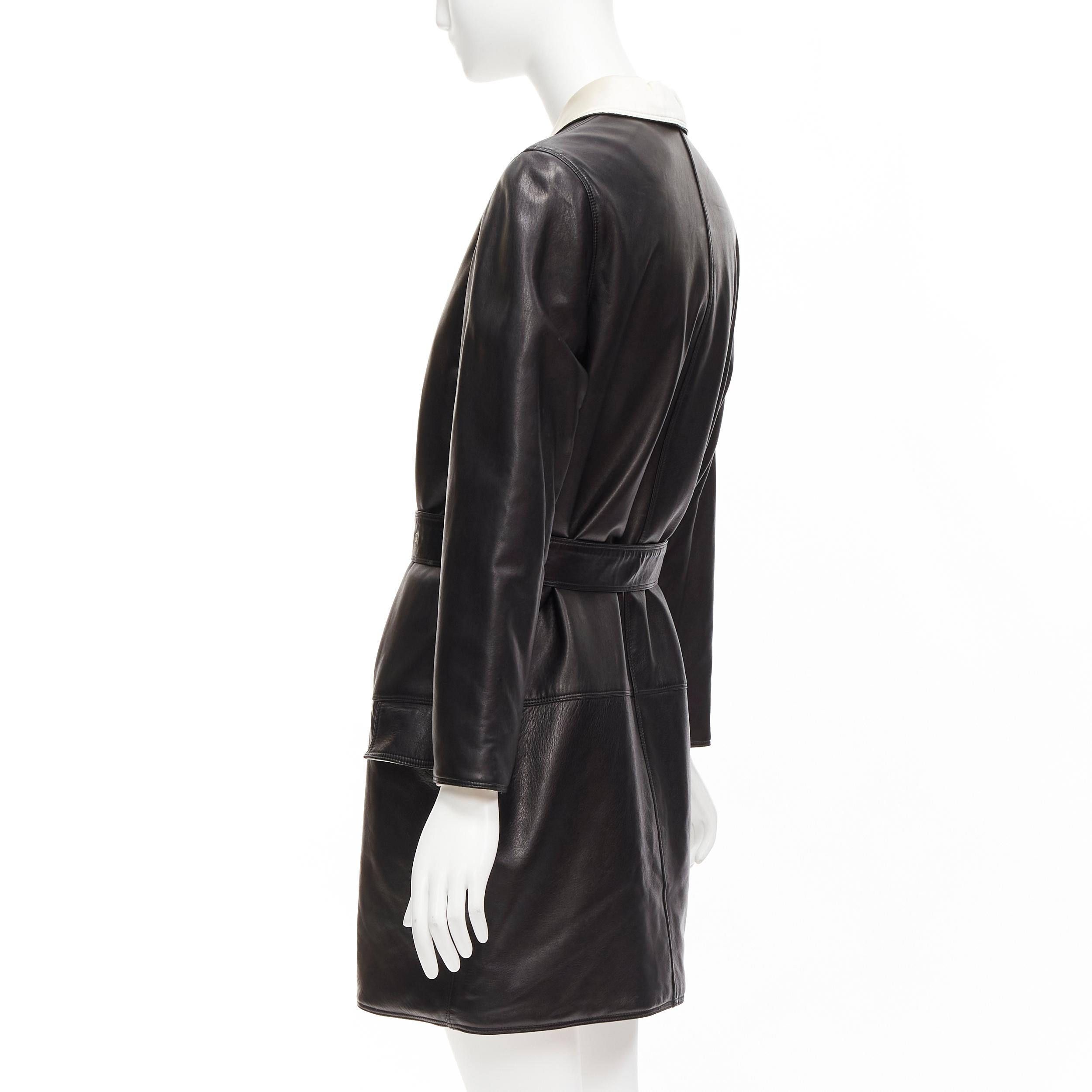 GIANNI VERSACE Vintage black leather white silk medusa button belted coat For Sale 4