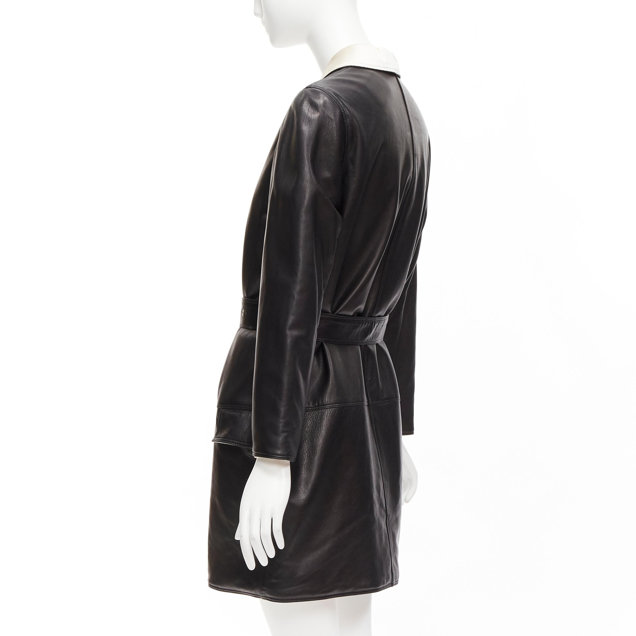 GIANNI VERSACE Vintage black leather white silk medusa button belted coat For Sale 3