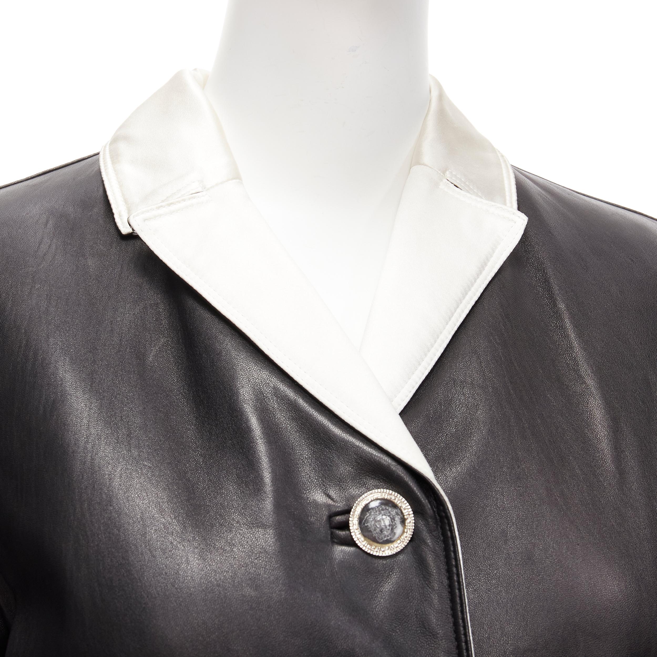 GIANNI VERSACE Vintage black leather white silk medusa button belted coat For Sale 5