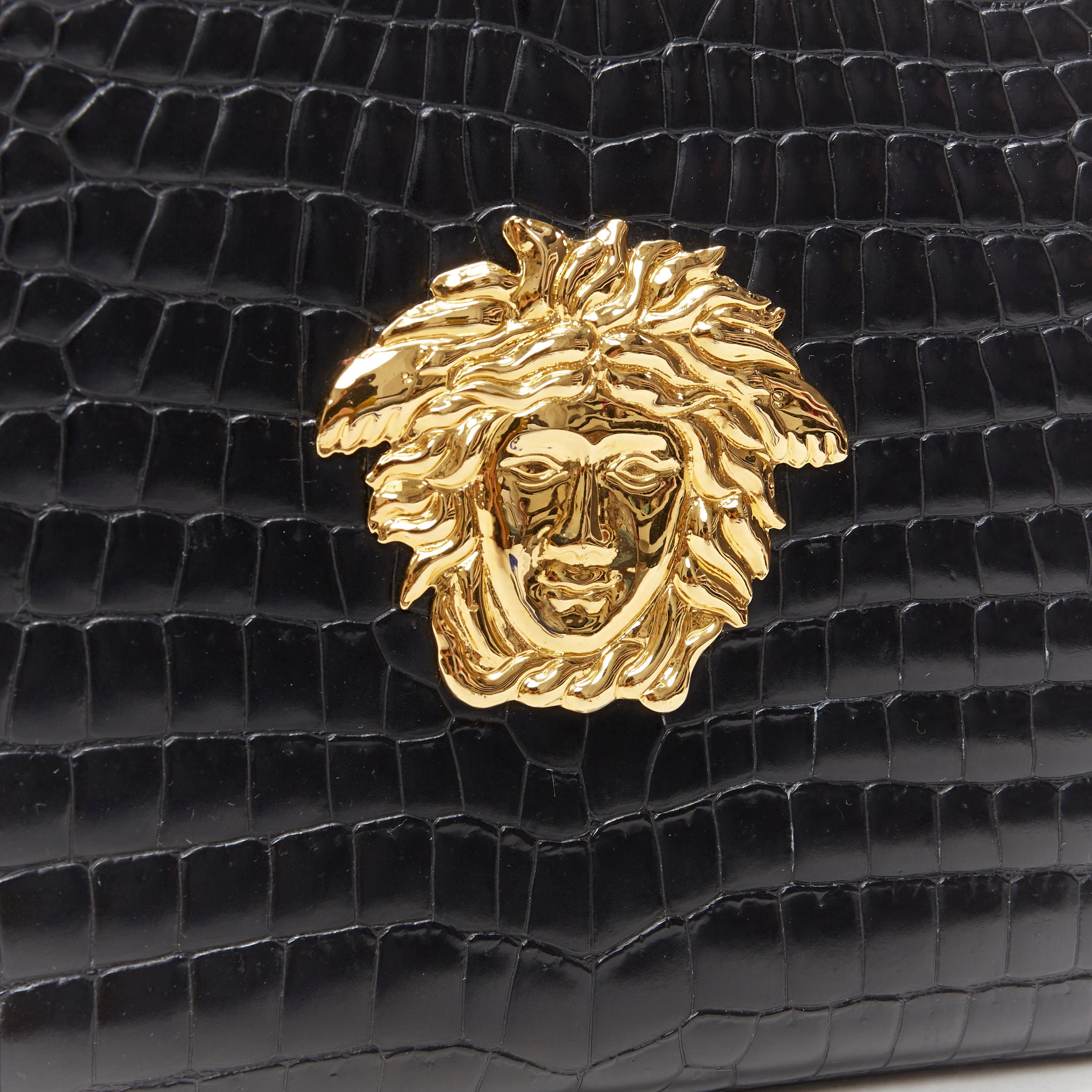 GIANNI VERSACE Vintage black mock croc gold Medusa Greca long shoulder strap bag In Excellent Condition In Hong Kong, NT