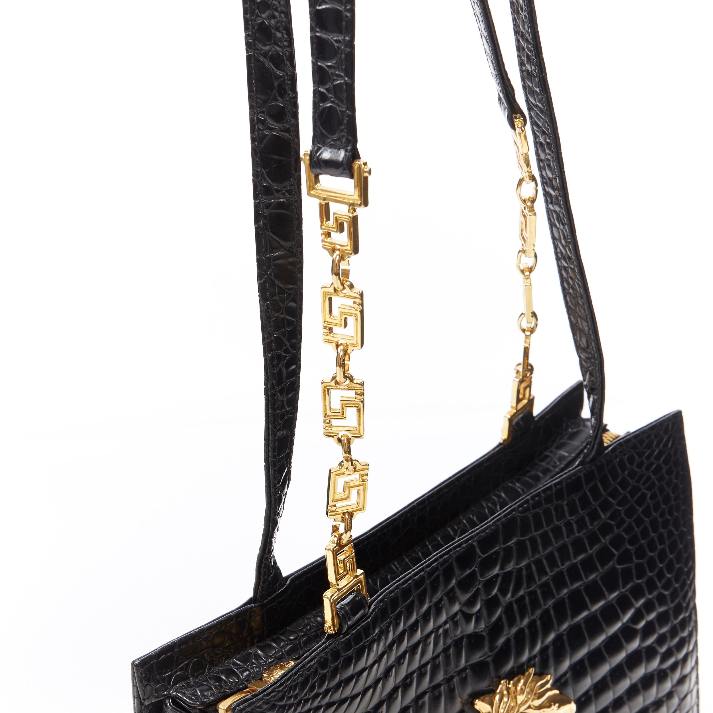 Women's GIANNI VERSACE Vintage black mock croc gold Medusa Greca long shoulder strap bag