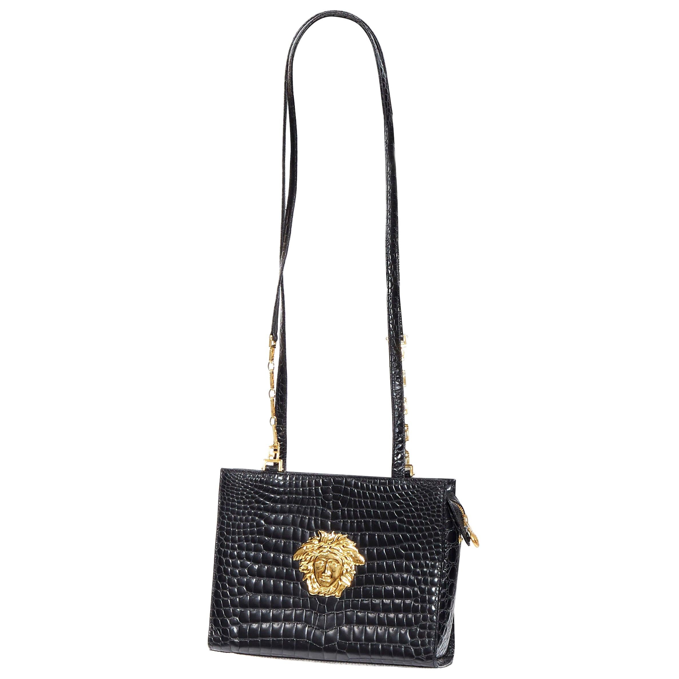 GIANNI VERSACE Vintage black mock croc gold Medusa Greca long shoulder strap bag